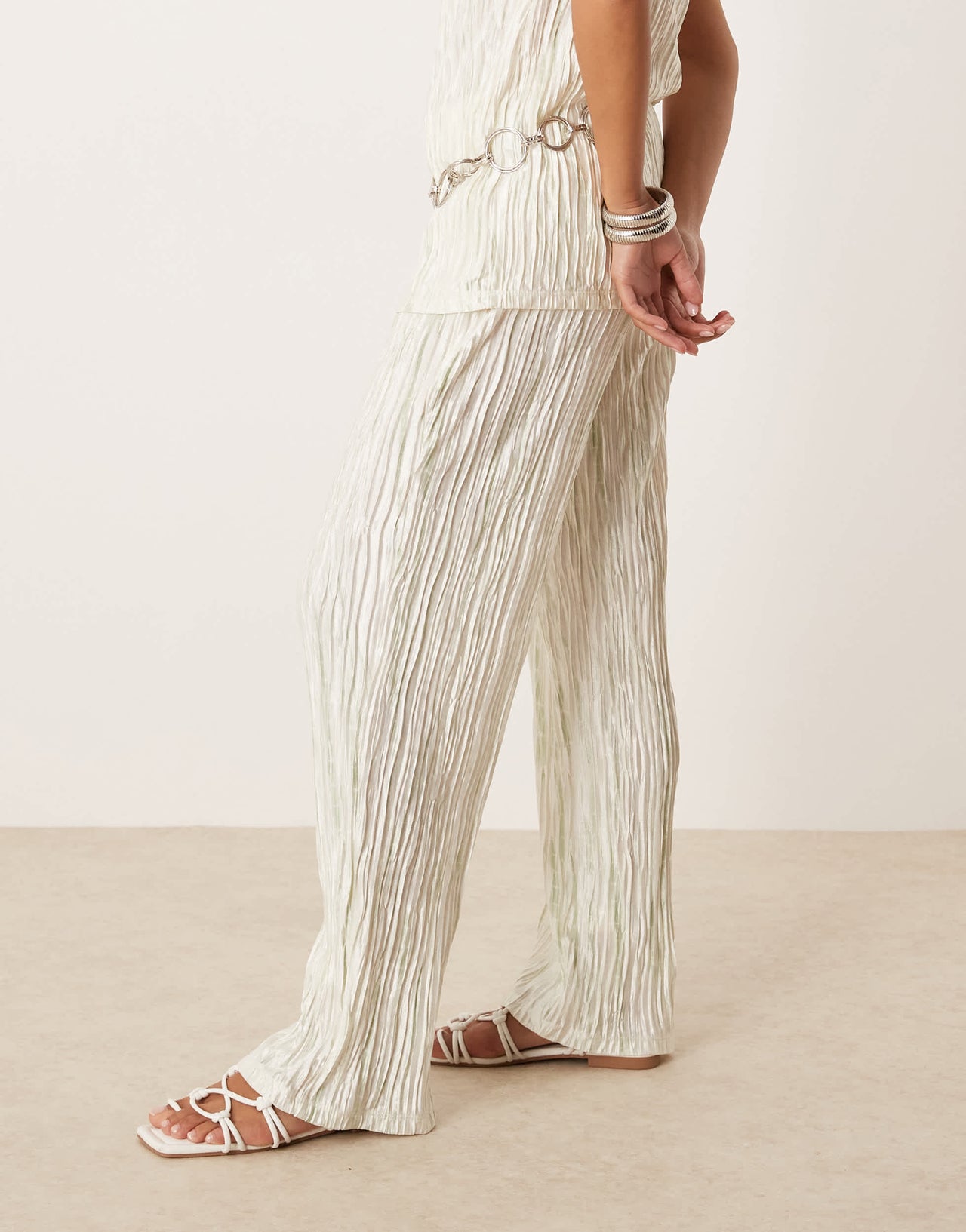 Vila Petite high waist plisse wide leg trouser co-ord in pale silt green tie dye