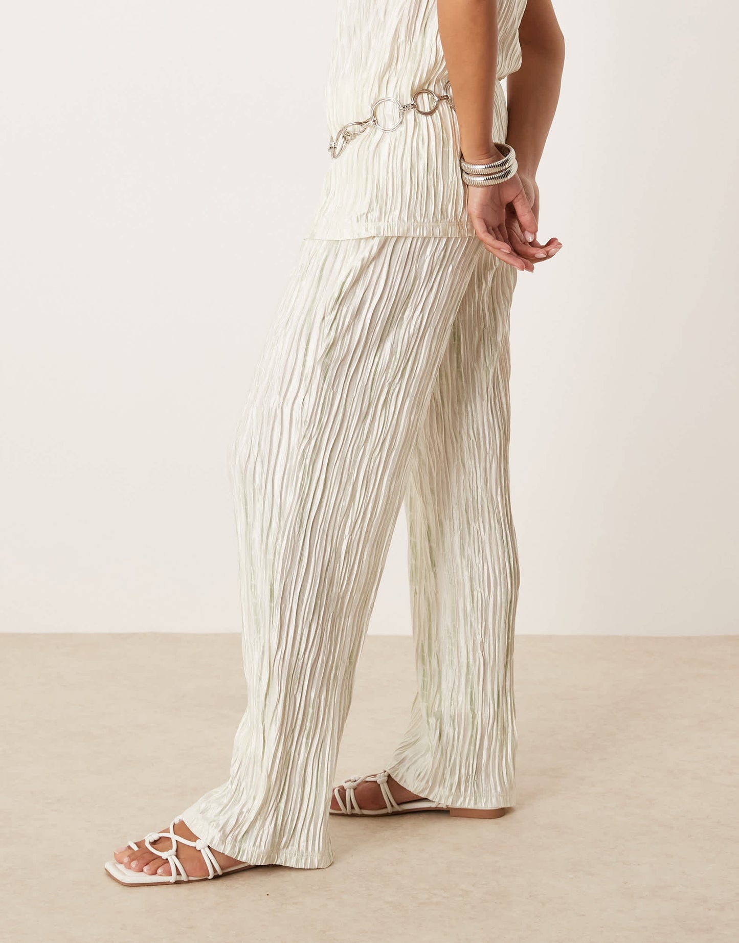 Vila Petite high waist plisse wide leg trouser co-ord in pale silt green tie dye
