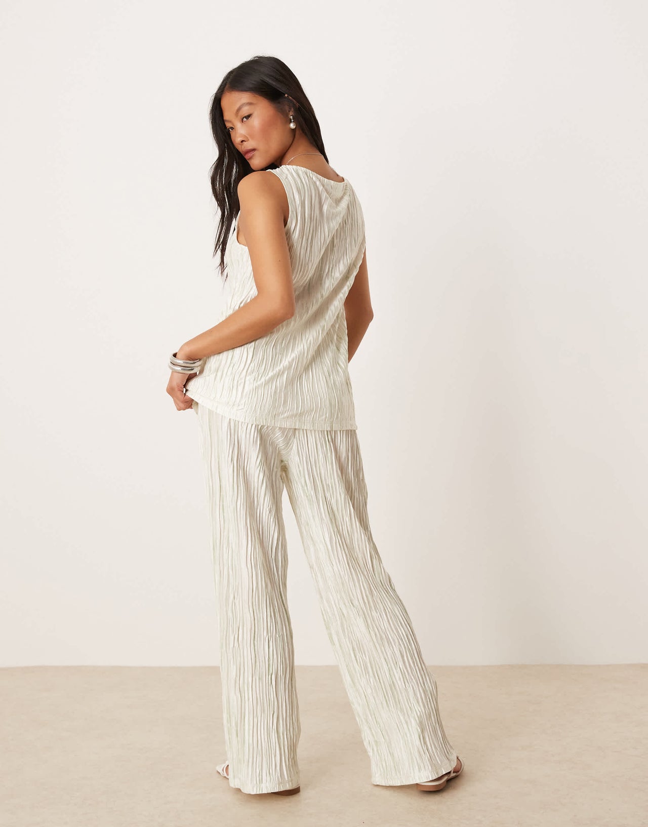 Vila Petite high waist plisse wide leg trouser co-ord in pale silt green tie dye