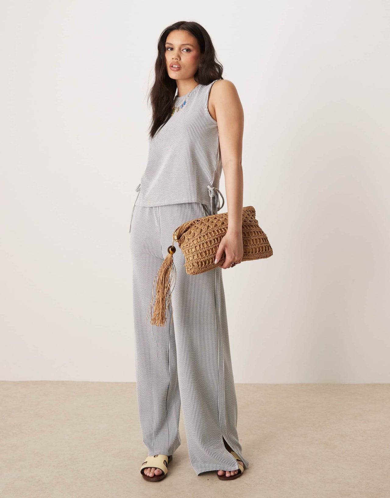 Vila textured stripe wide leg trouser co-ord in black and cream