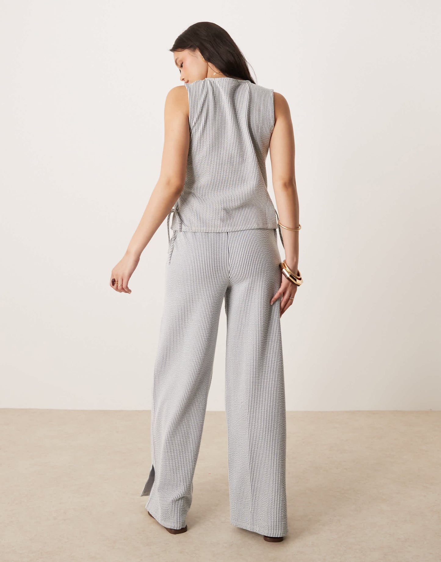 Vila textured stripe wide leg trouser co-ord in black and cream