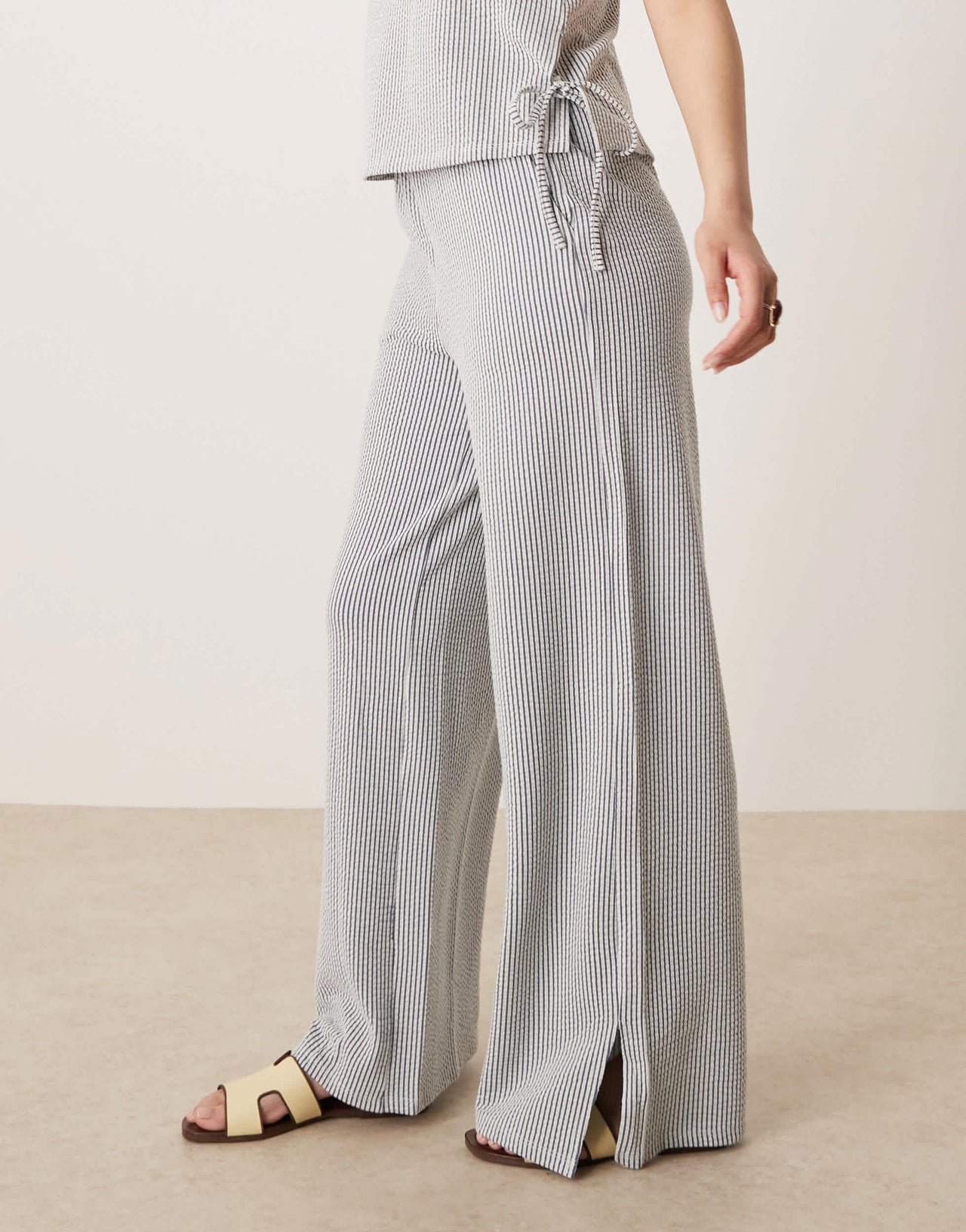 Vila textured stripe wide leg trouser co-ord in black and cream