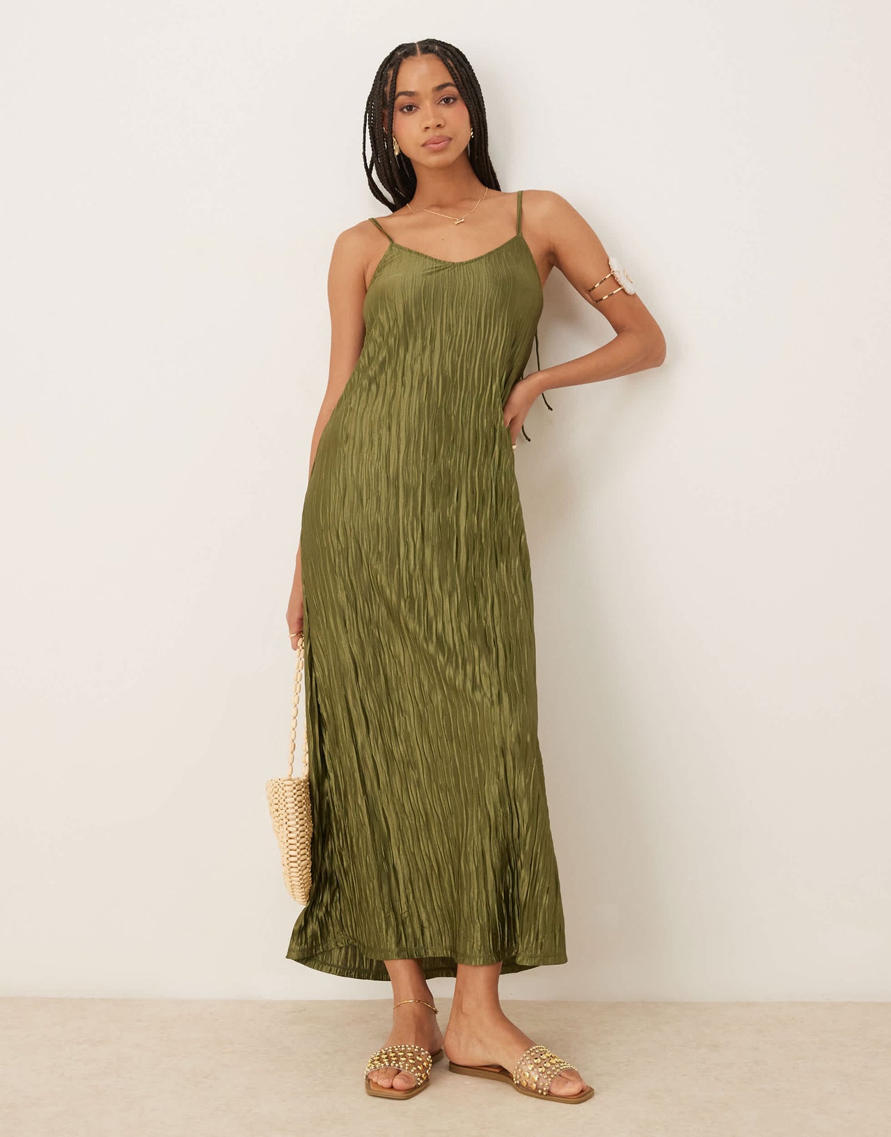 Vila plisse cami maxi slip dress in olive green