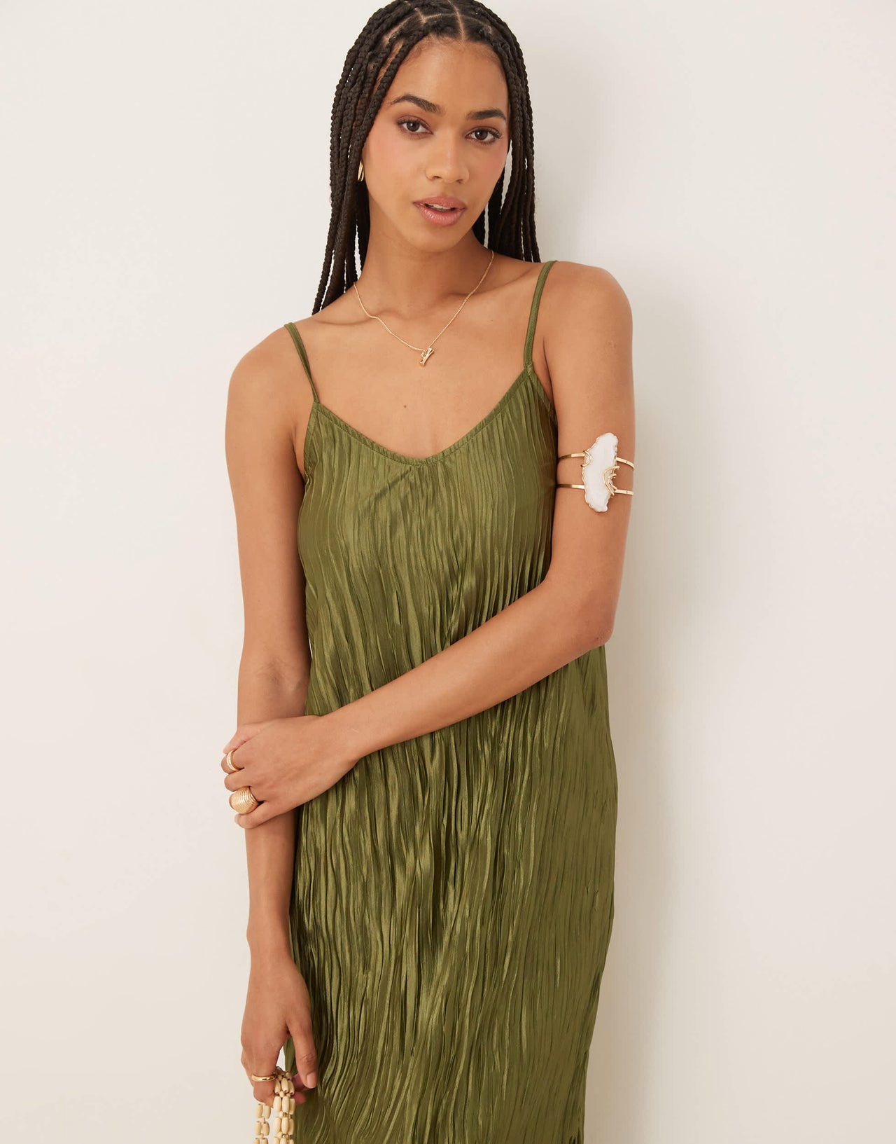 Vila plisse cami maxi slip dress in olive green