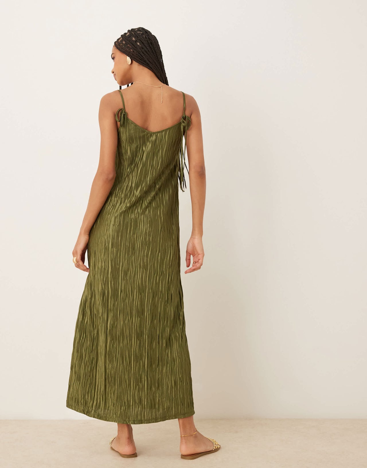 Vila plisse cami maxi slip dress in olive green
