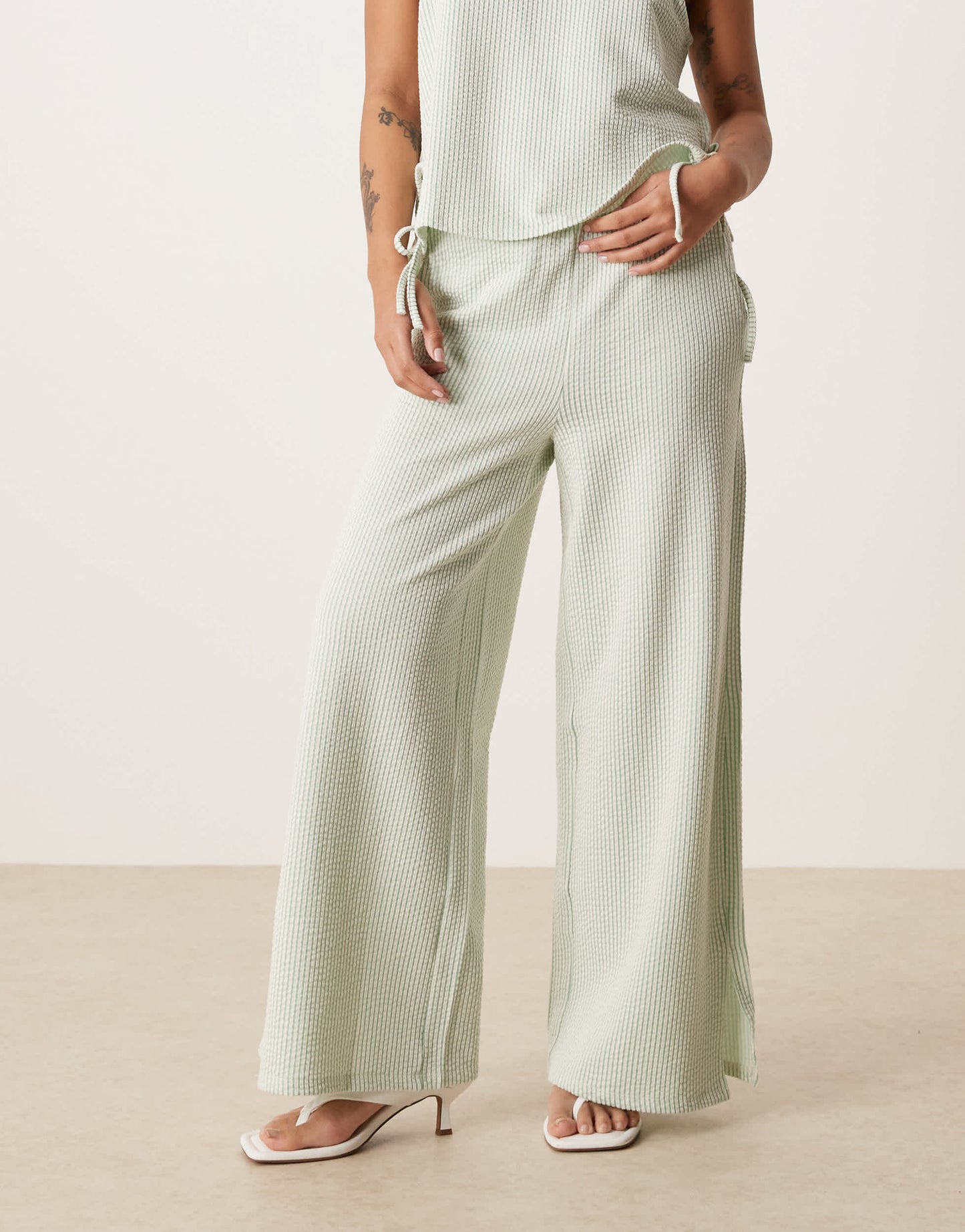 Vila Petite textured stripe wide leg trouser co-ord in green and cream