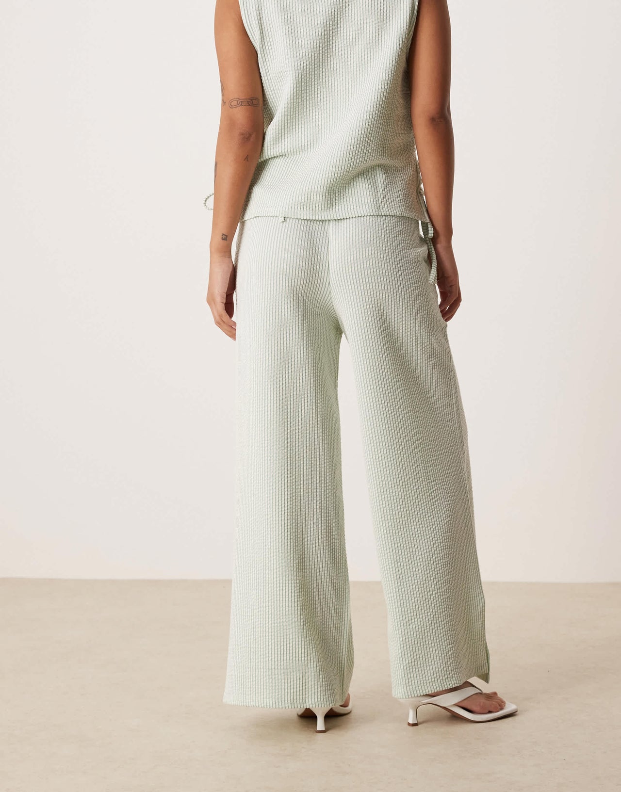 Vila Petite textured stripe wide leg trouser co-ord in green and cream