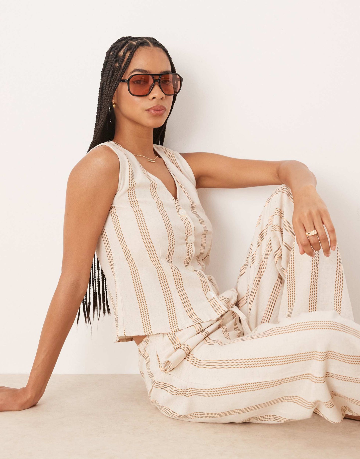 Vila mix and match linen touch waistcoat in cream & tan stripe