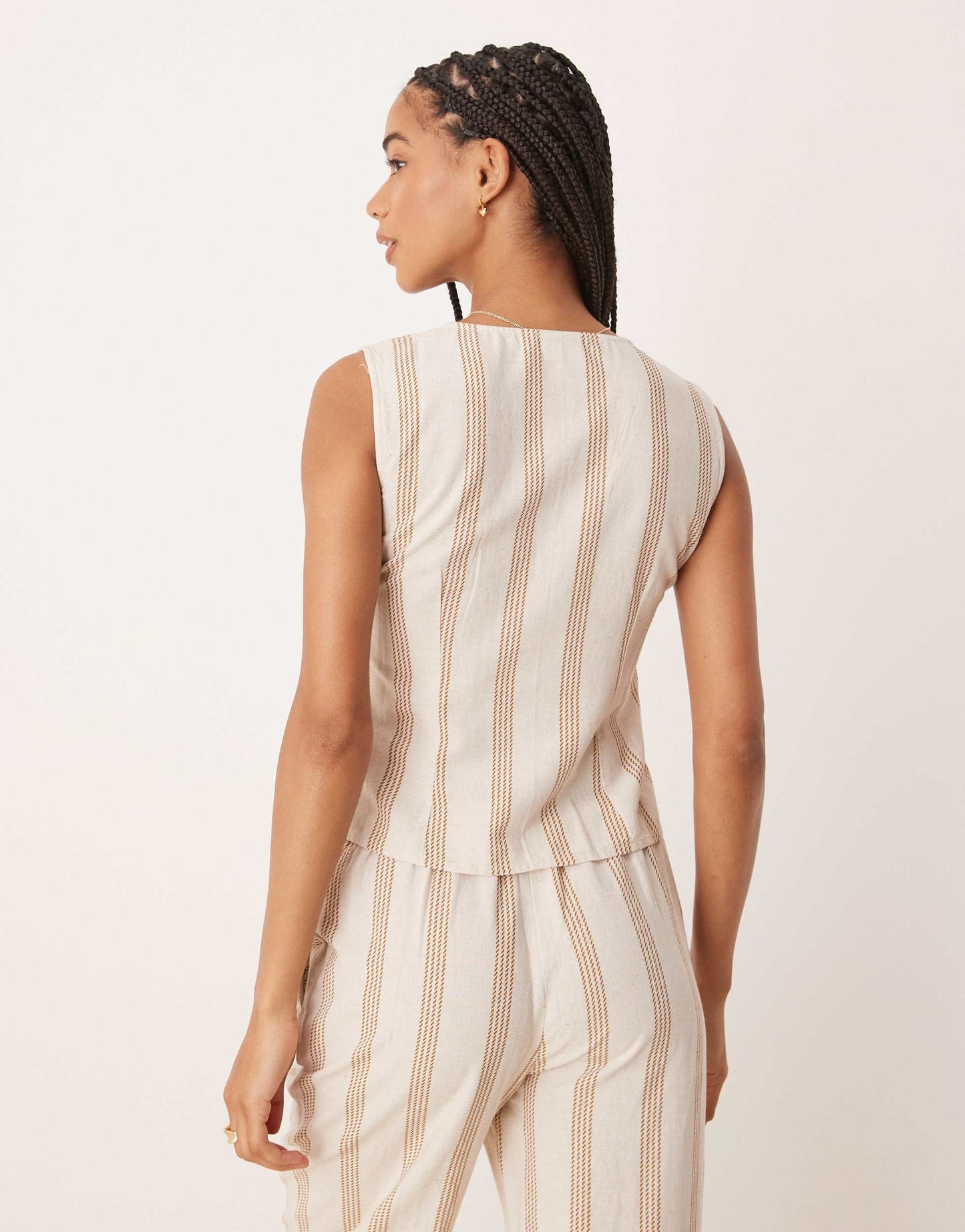 Vila mix and match linen touch waistcoat in cream & tan stripe