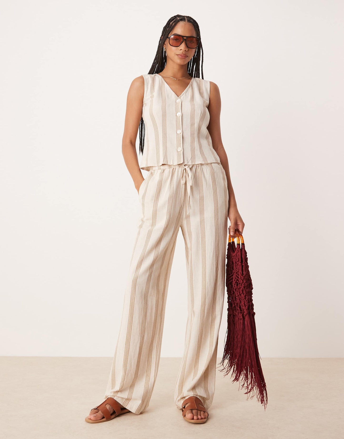 Vila mix and match linen touch waistcoat in cream & tan stripe