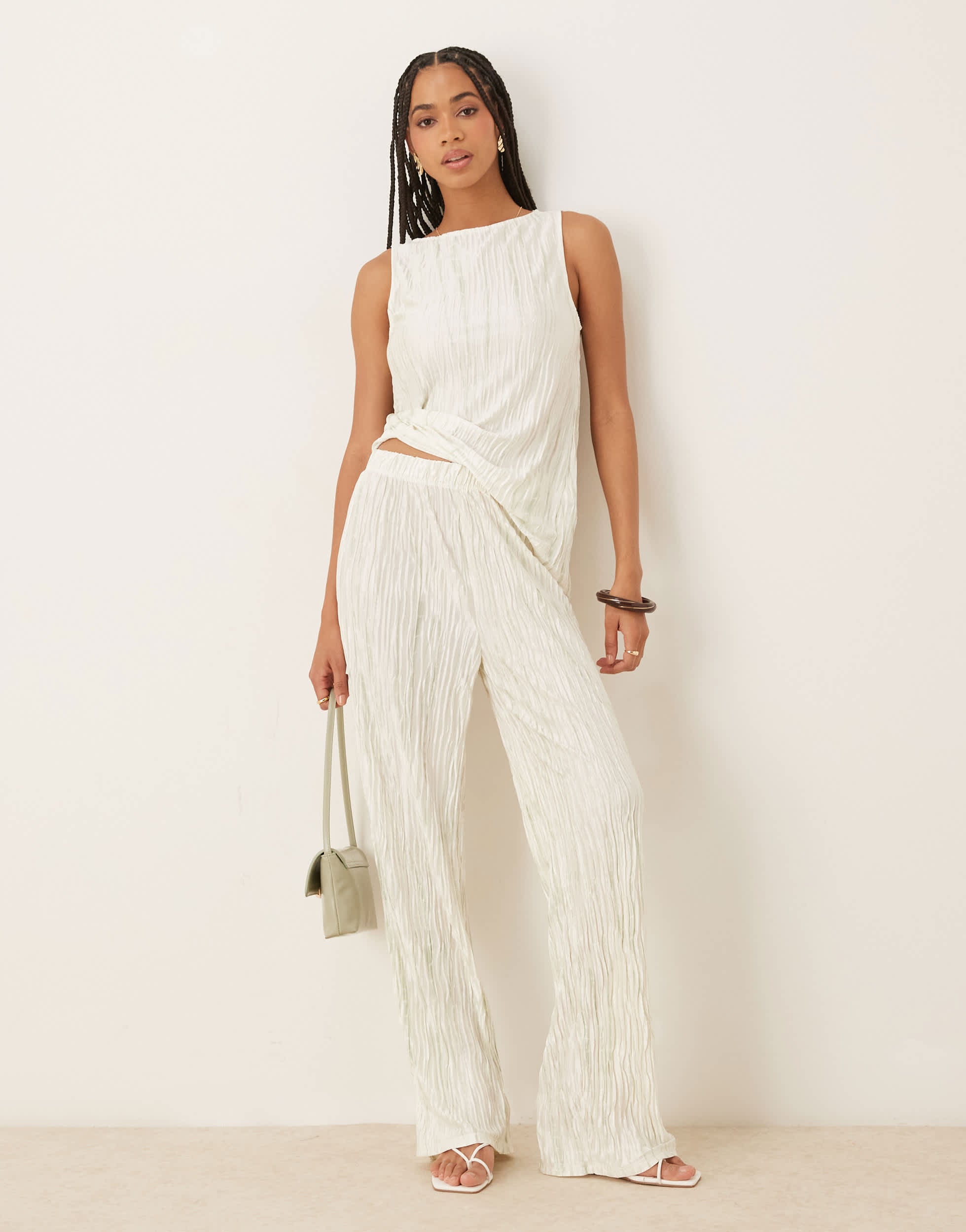 Vila high waist plisse wide leg trouser co-ord in pale silt green tie dye