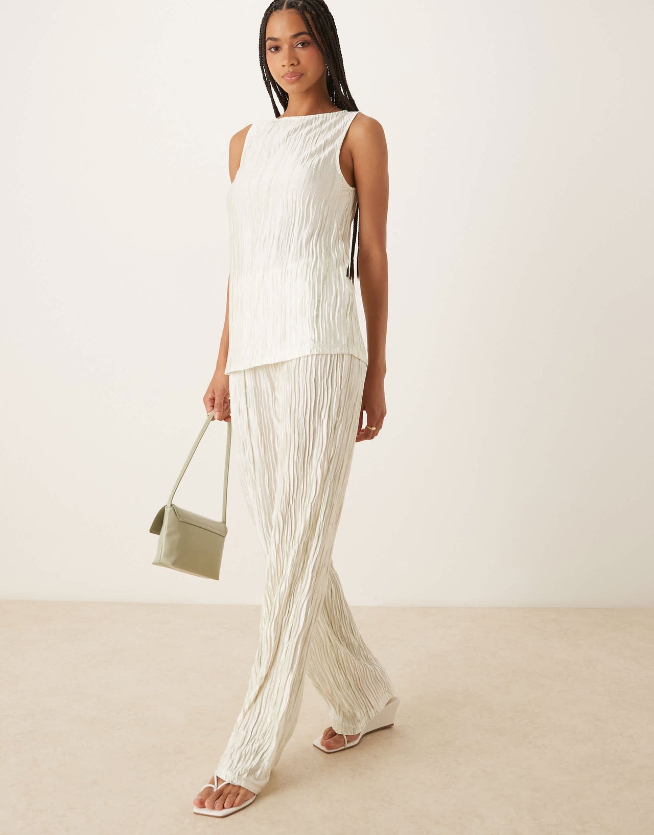 Vila high waist plisse wide leg trouser co-ord in pale silt green tie dye