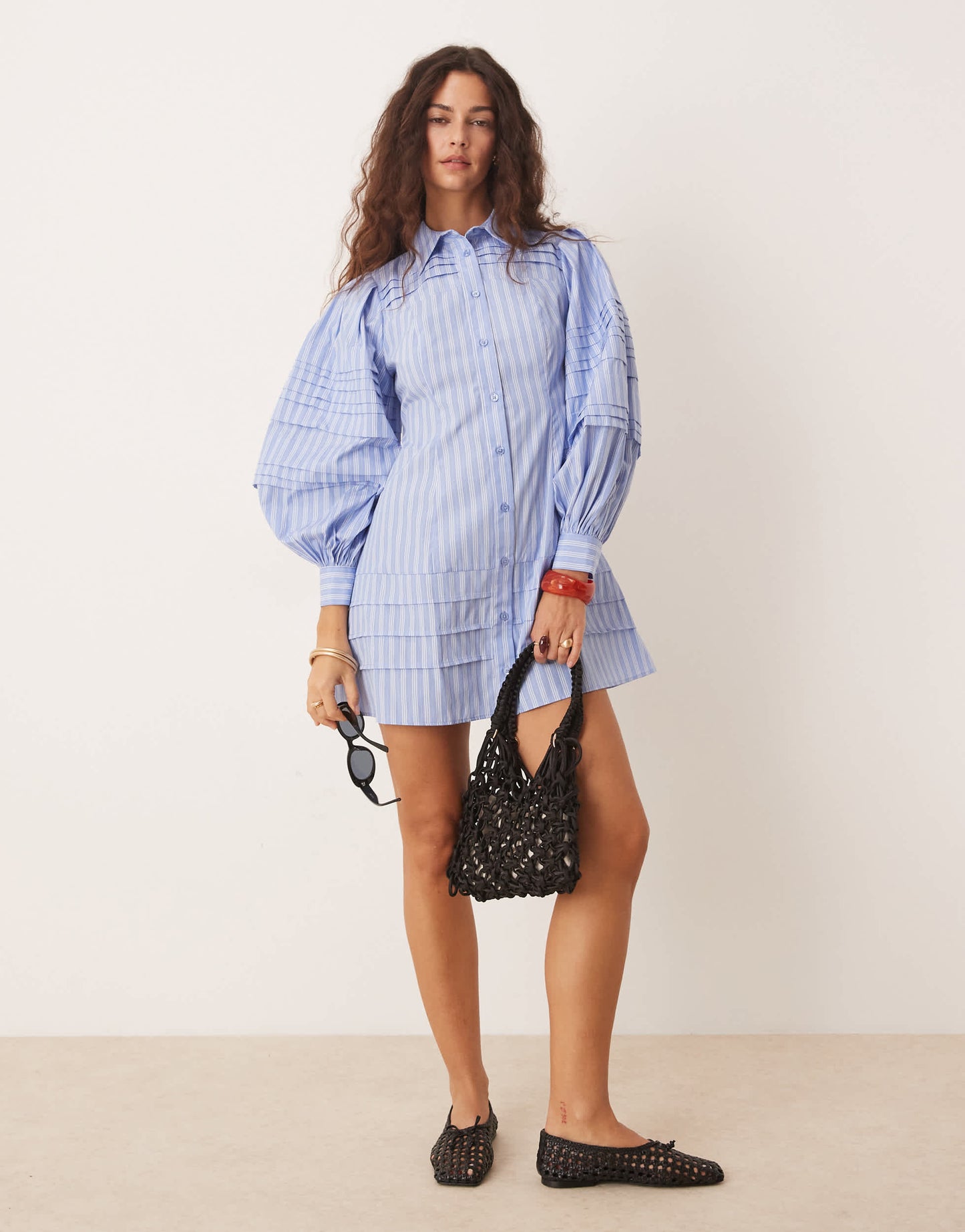 ASOS DESIGN mini shirt dress with pintucks in blue stripe