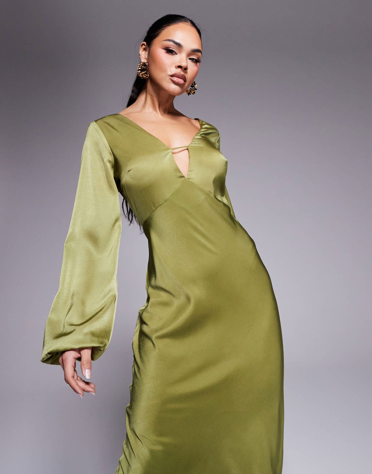 ASOS DESIGN v neck satin blouson sleeve maxi dress in olive green