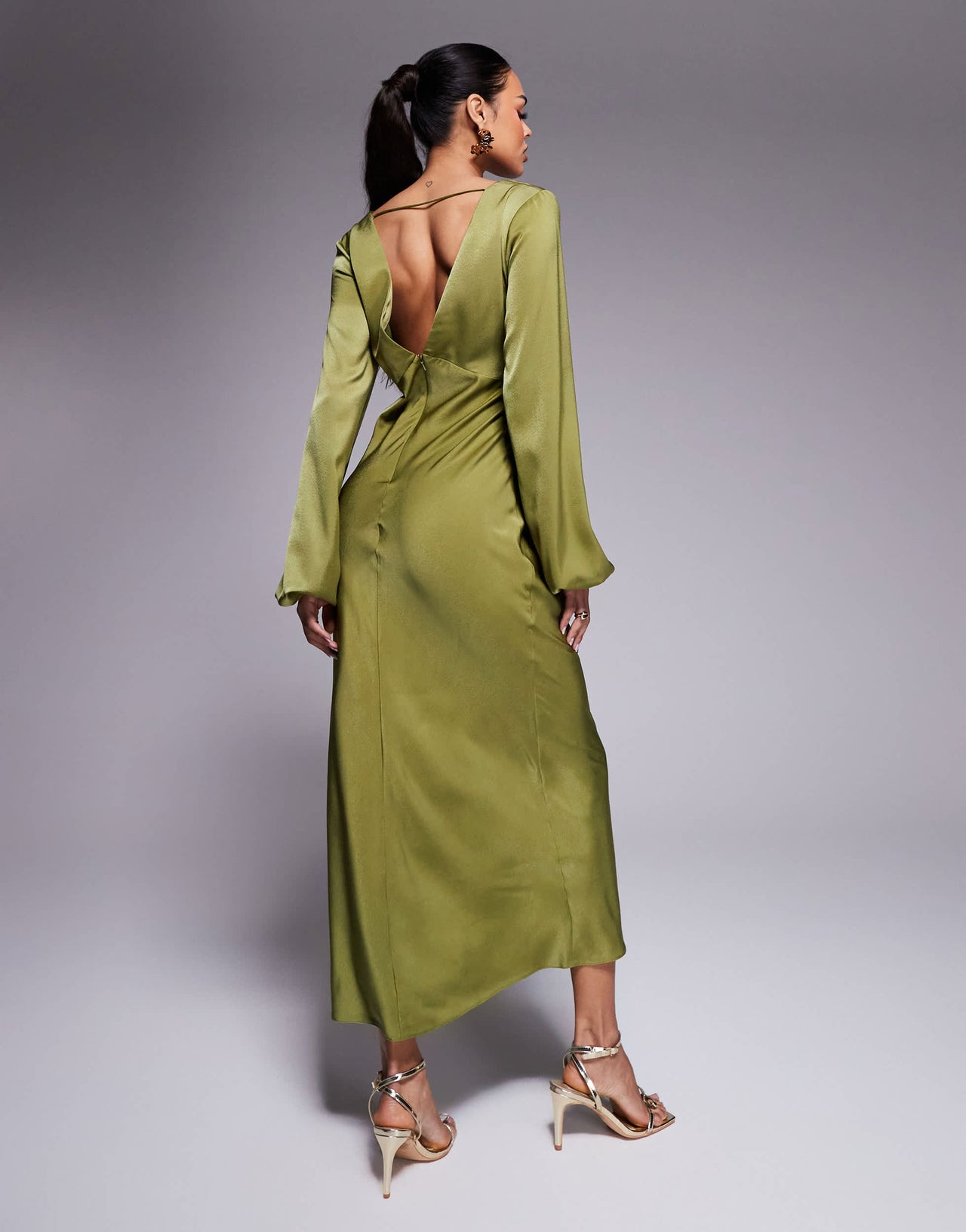 ASOS DESIGN v neck satin blouson sleeve maxi dress in olive green