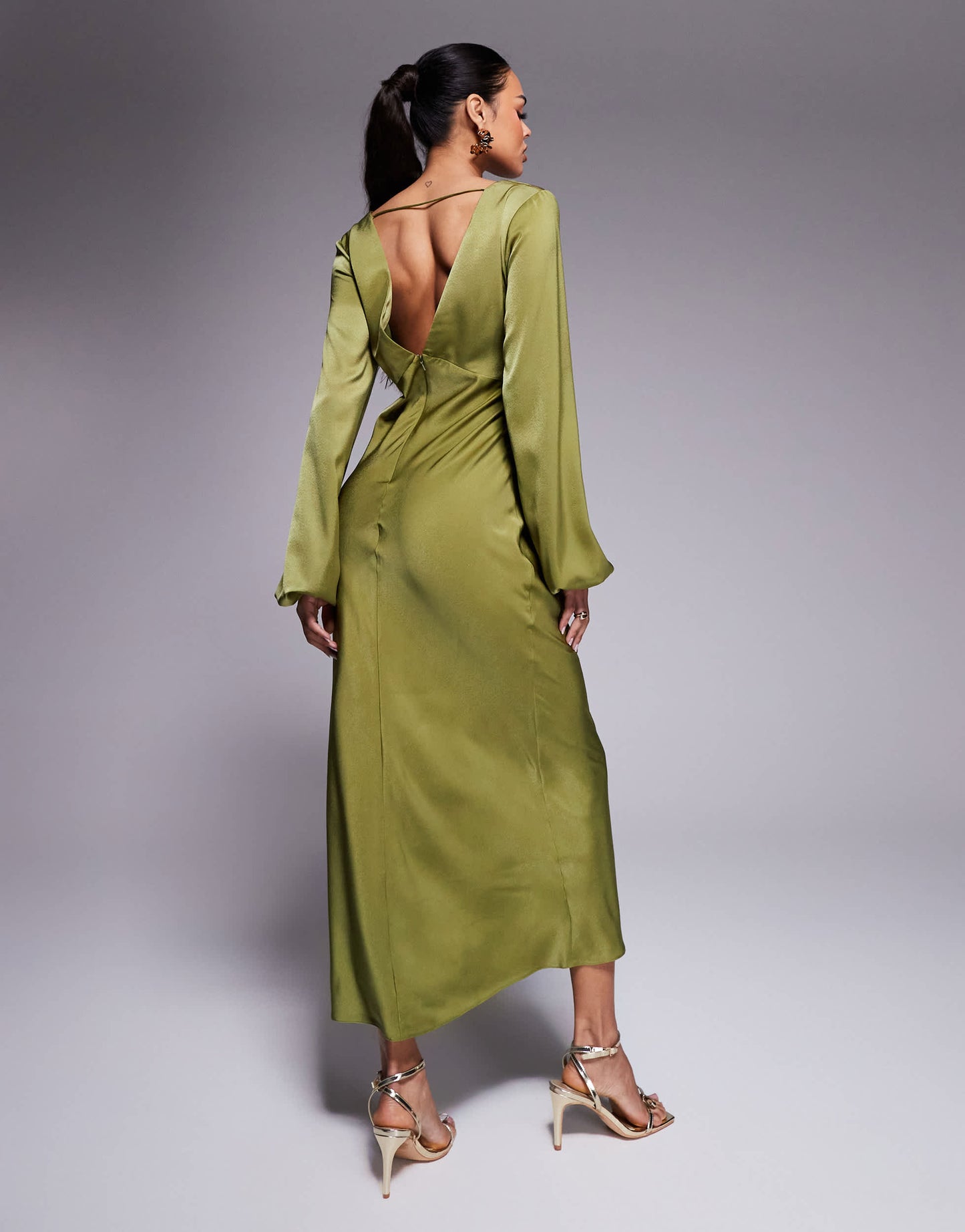 ASOS DESIGN v neck satin blouson sleeve maxi dress in olive green