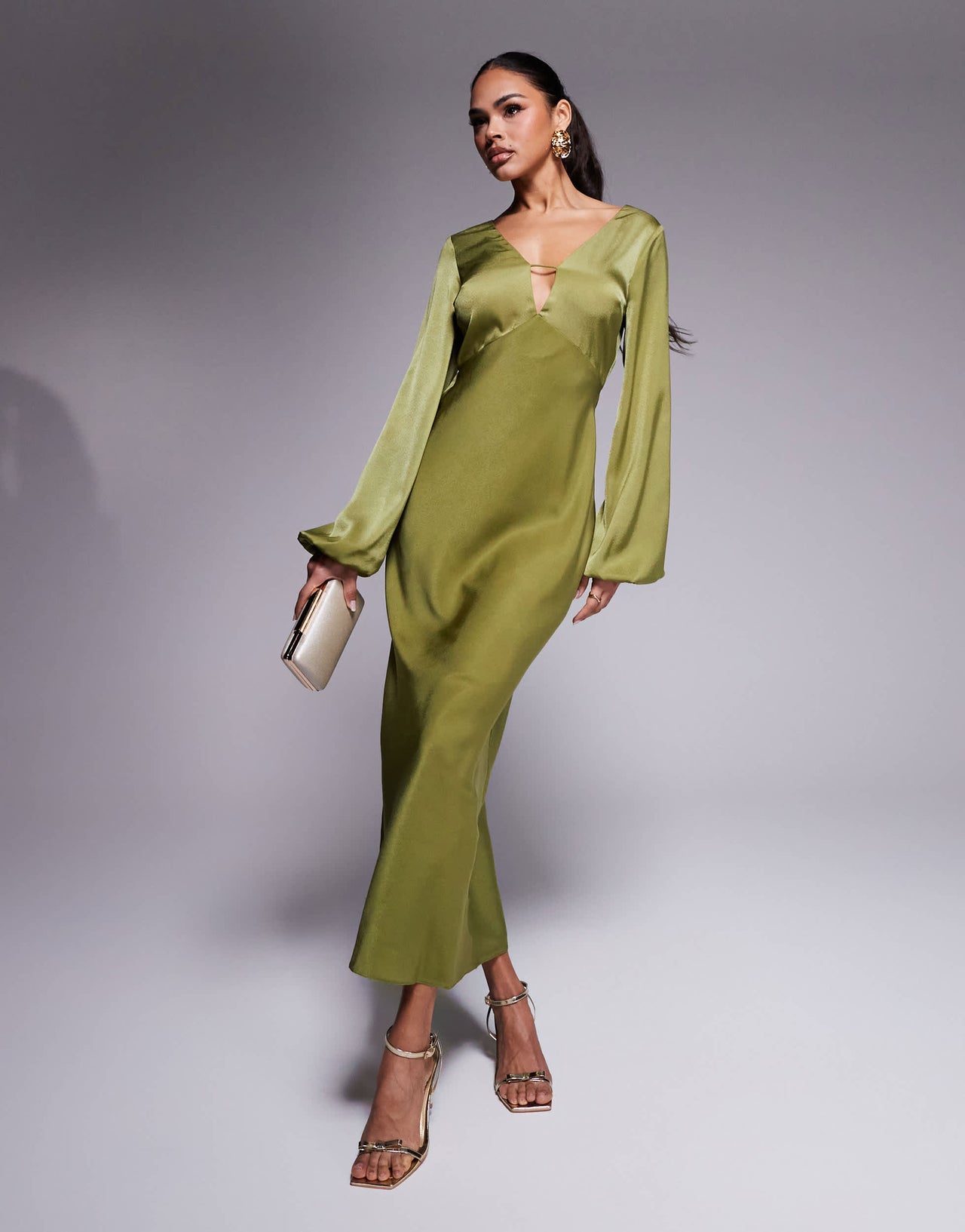 ASOS DESIGN v neck satin blouson sleeve maxi dress in olive green