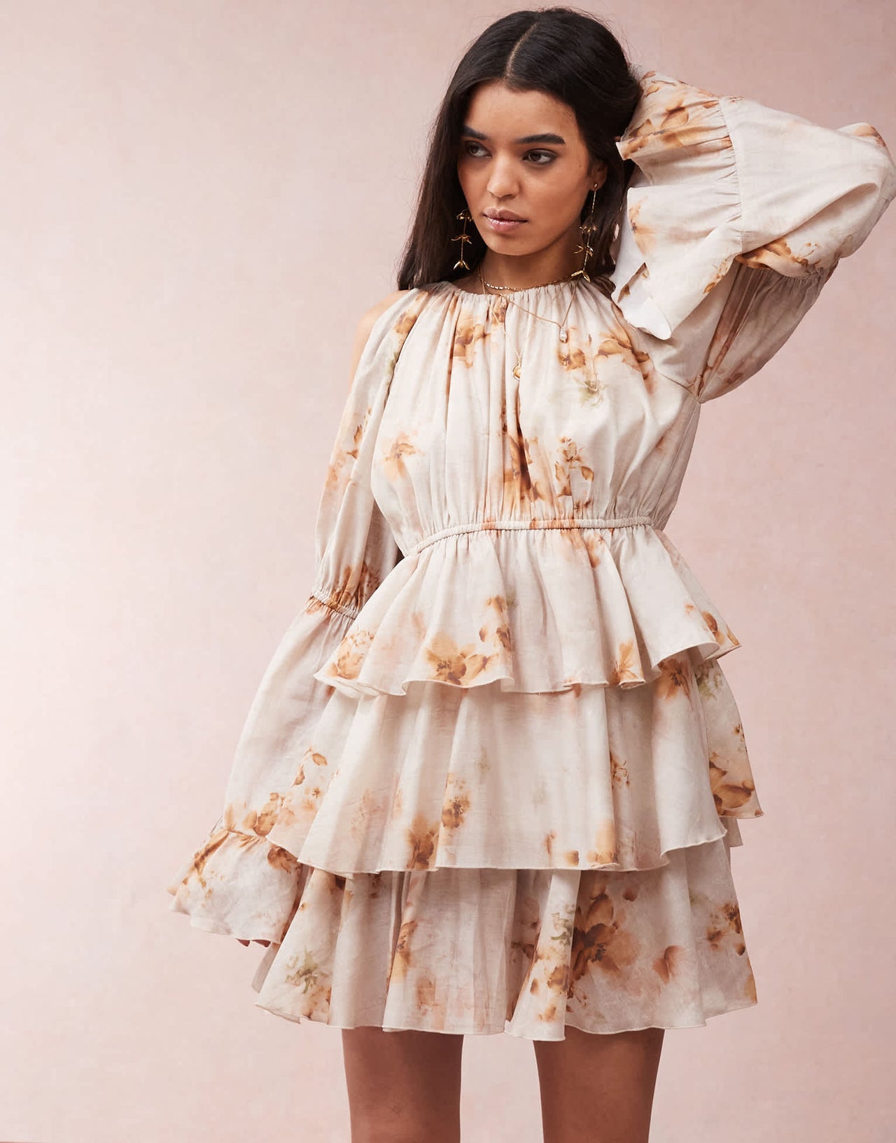 ASOS DESIGN cold shoulder ruffle mini dress in blurred floral print