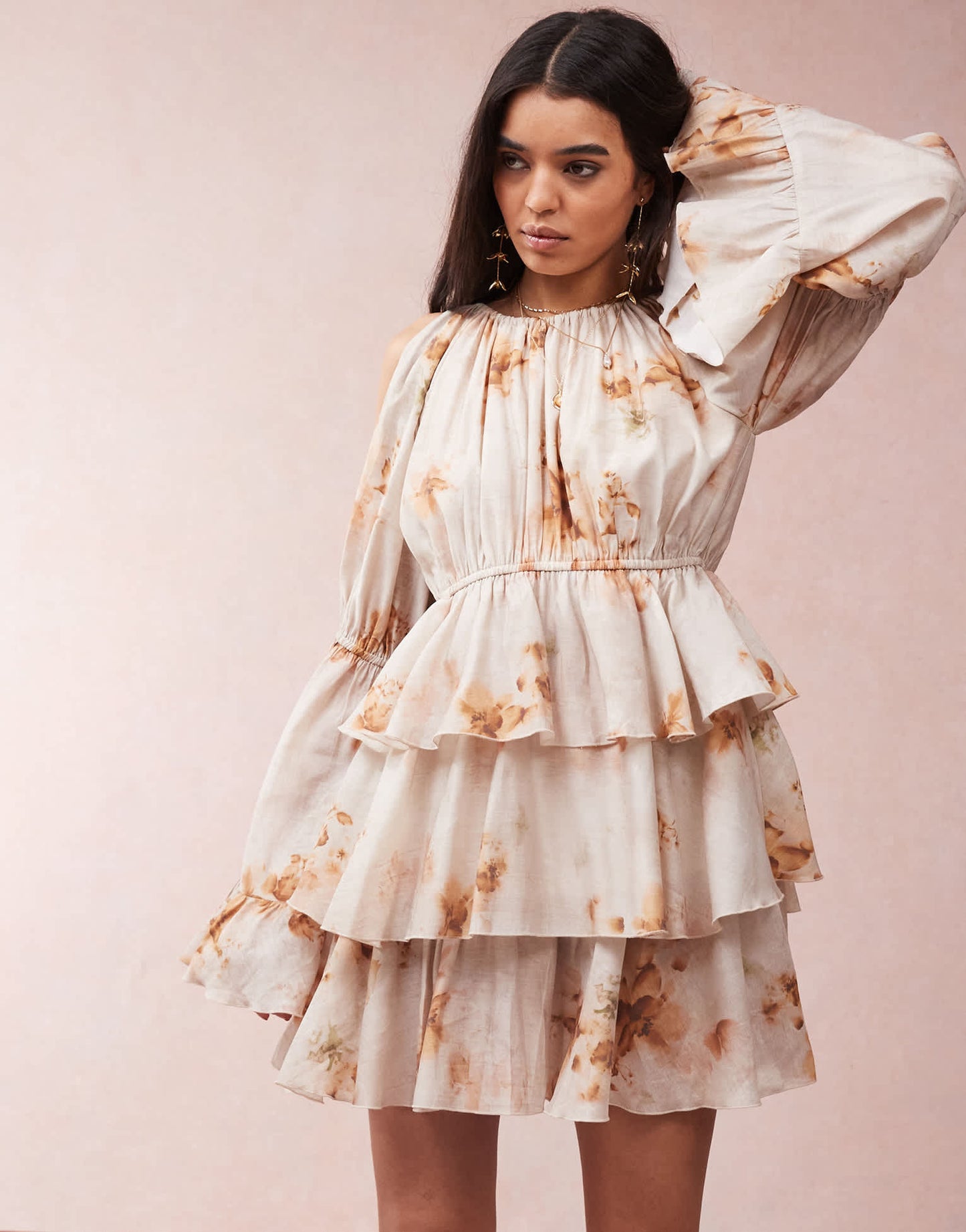ASOS DESIGN cold shoulder ruffle mini dress in blurred floral print
