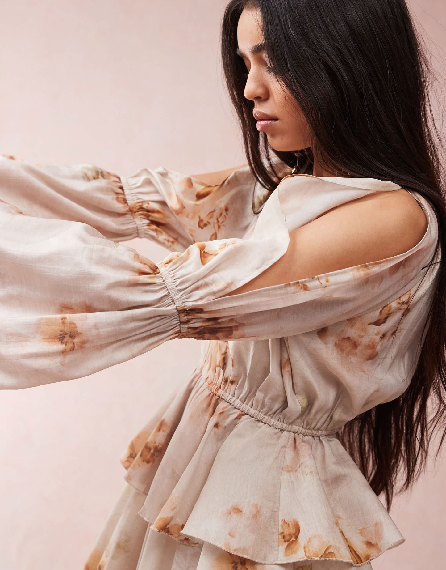 ASOS DESIGN cold shoulder ruffle mini dress in blurred floral print
