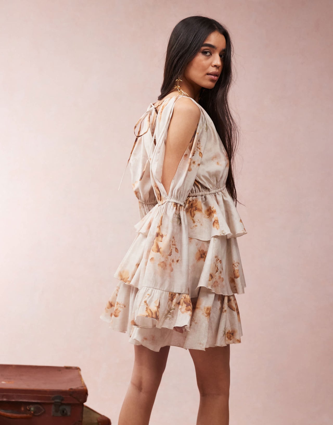 ASOS DESIGN cold shoulder ruffle mini dress in blurred floral print