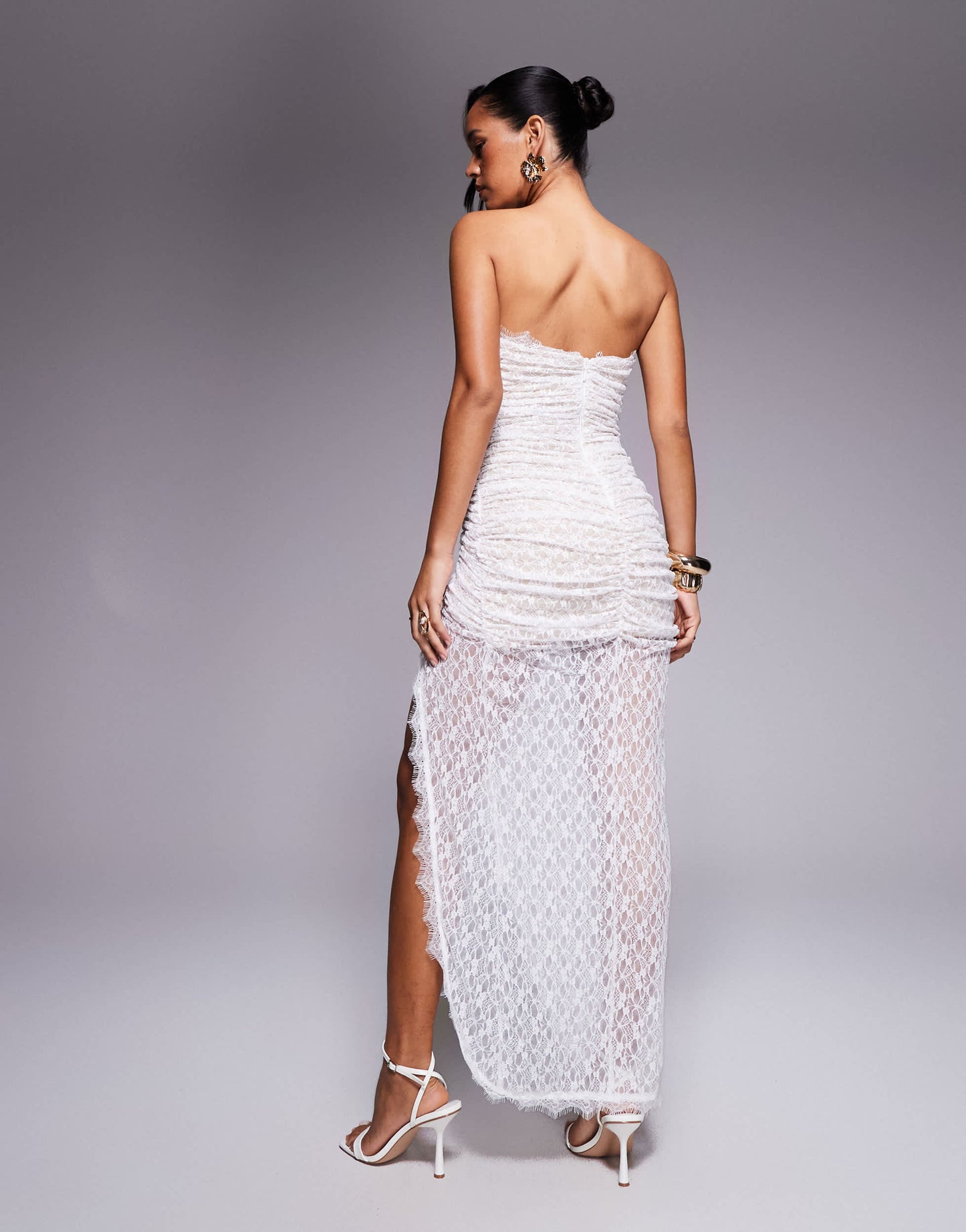 Rare London bandeau thigh split ruched drape detail lace maxi dress in ivory