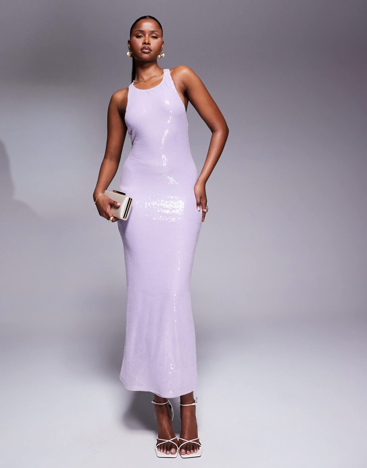 Rare London sequin racerneck cross back maxi dress in lilac