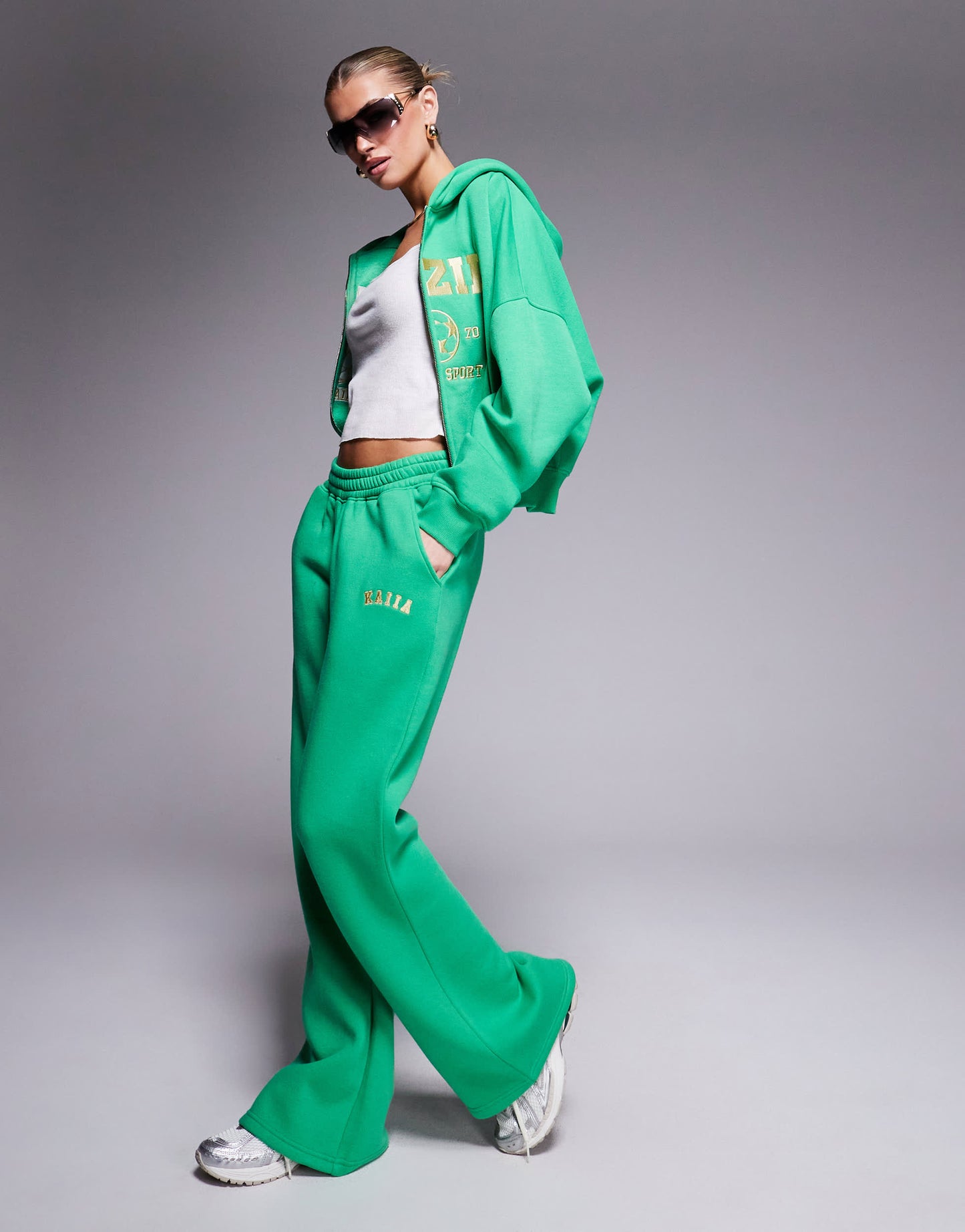 Kaiia embroidered logo wide leg jogger co-ord in green and yellow