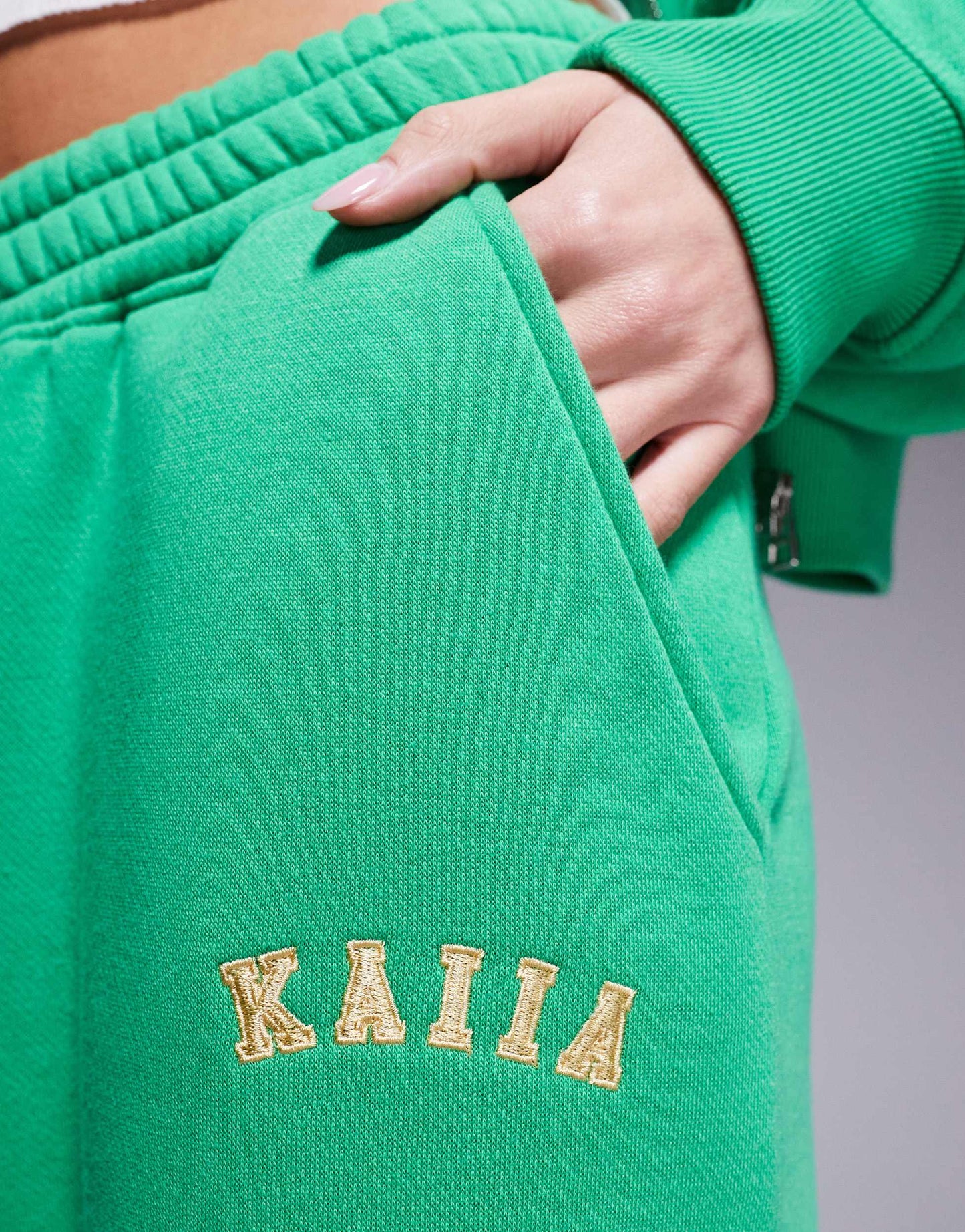 Kaiia embroidered logo wide leg jogger co-ord in green and yellow