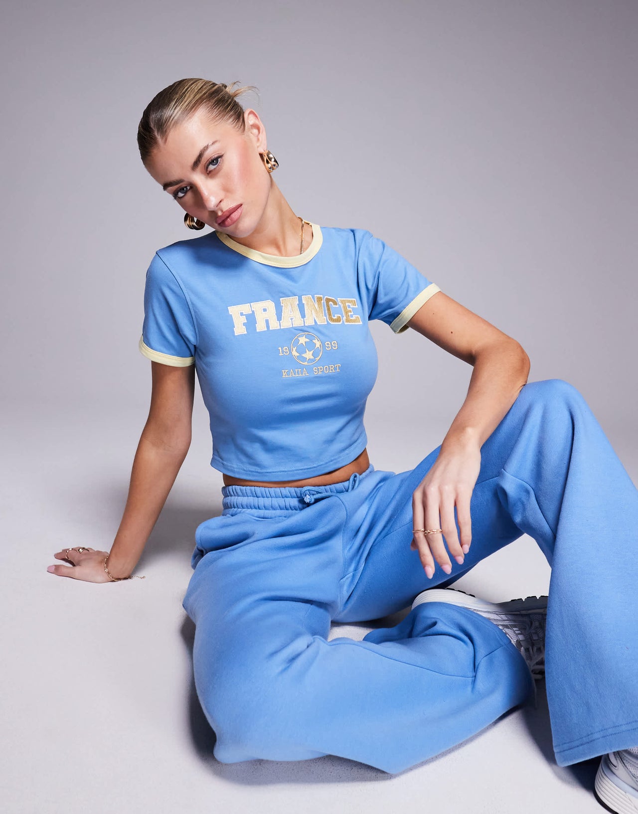 Kaiia cotton rich sport contrast trim France baby tee co-ord in blue and yellow