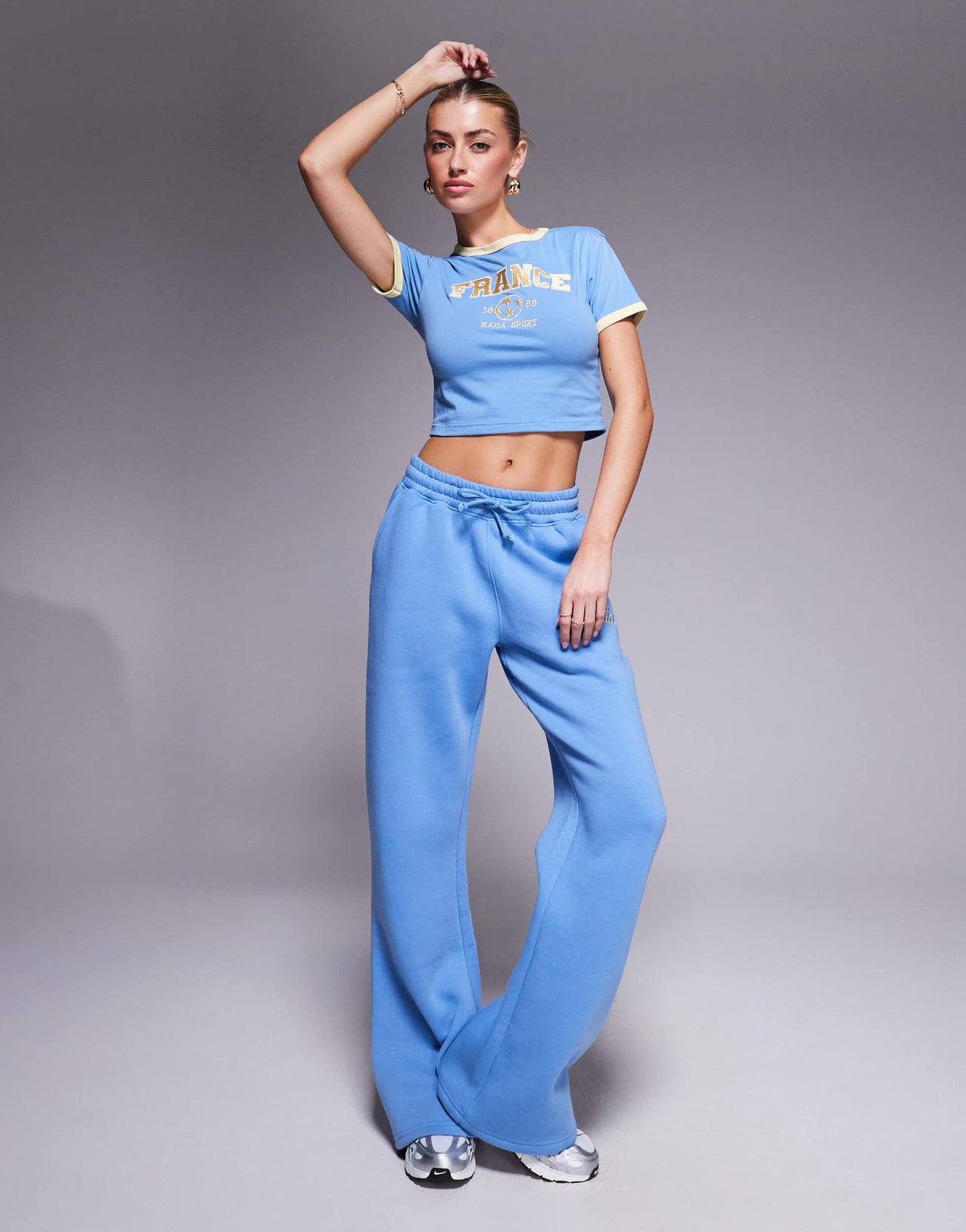 Kaiia cotton rich sport contrast trim France baby tee co-ord in blue and yellow