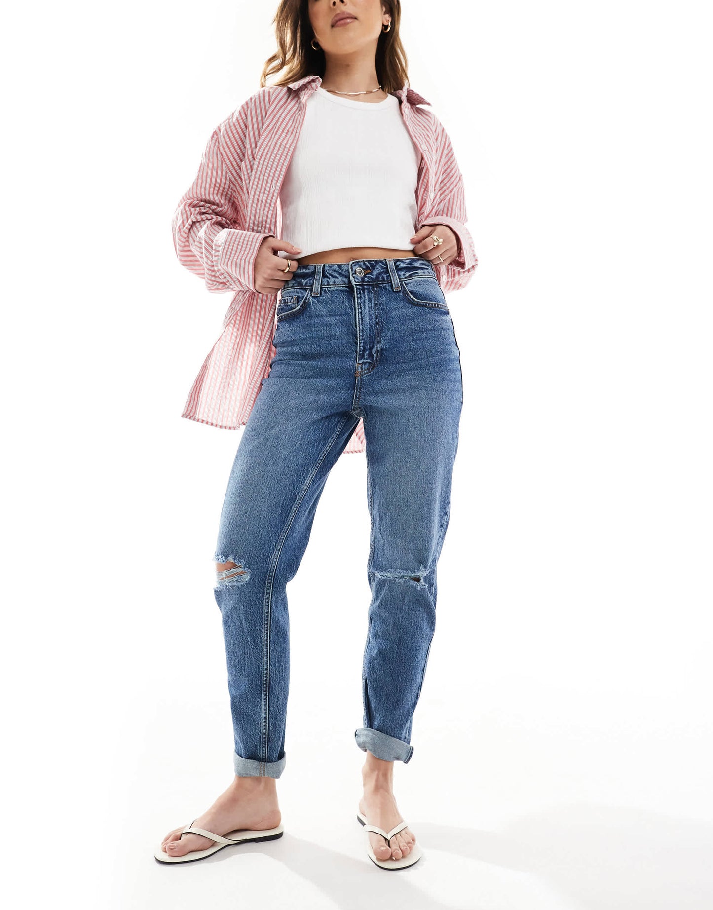 New Look mom jean with rips in mid blue