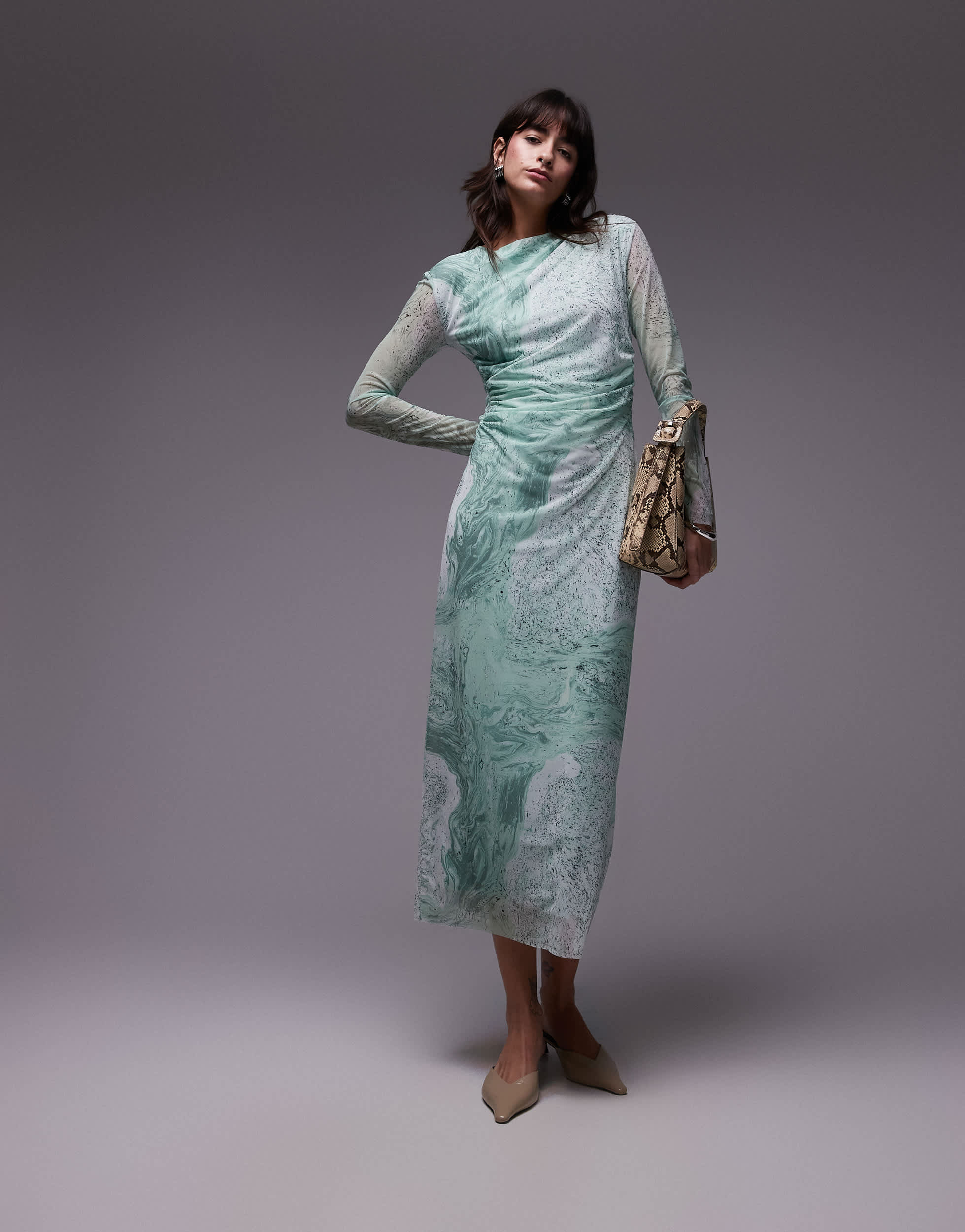 & Other Stories sheer mesh midi dress in green marble print