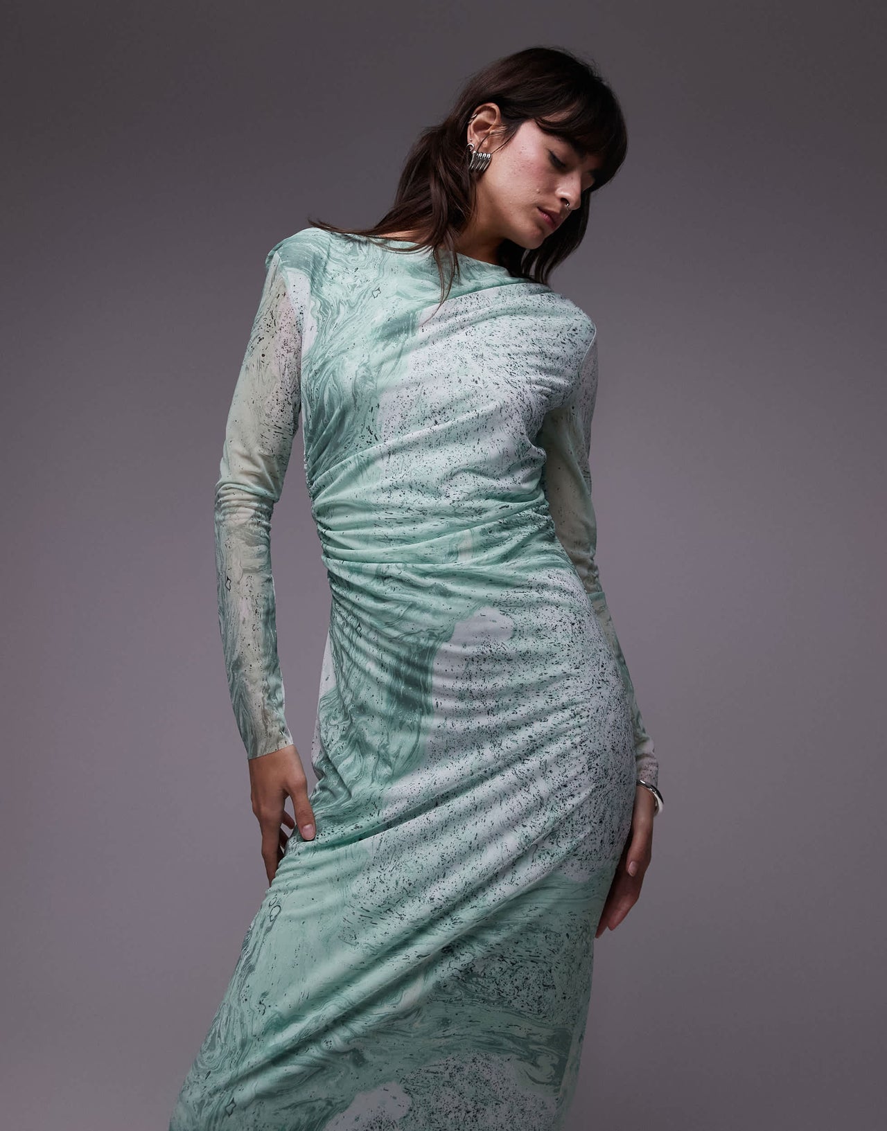 & Other Stories sheer mesh midi dress in green marble print