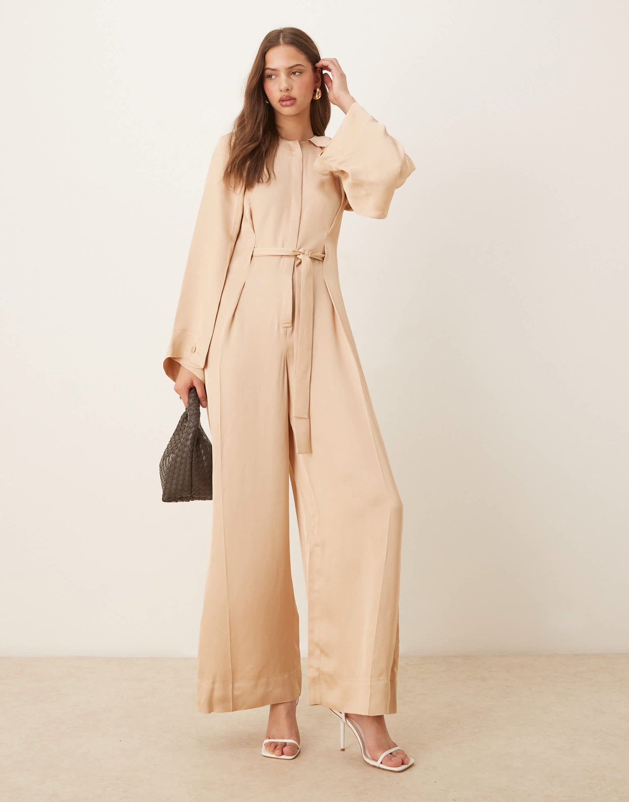 & Other Stories jumpsuit with half belt detail and split sleeves in beige