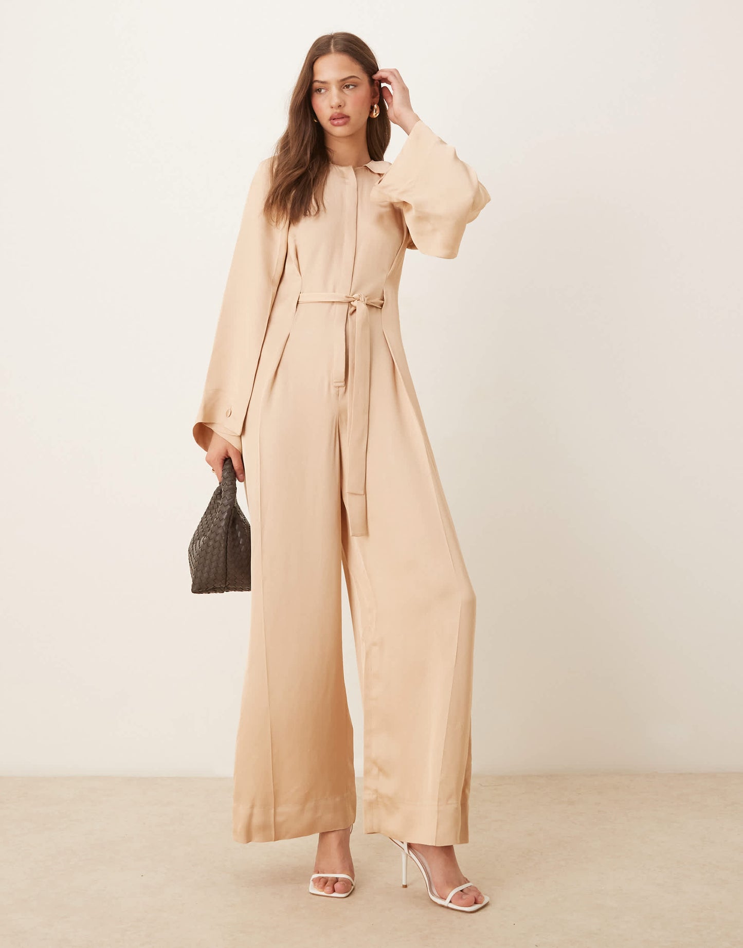 & Other Stories jumpsuit with half belt detail and split sleeves in beige