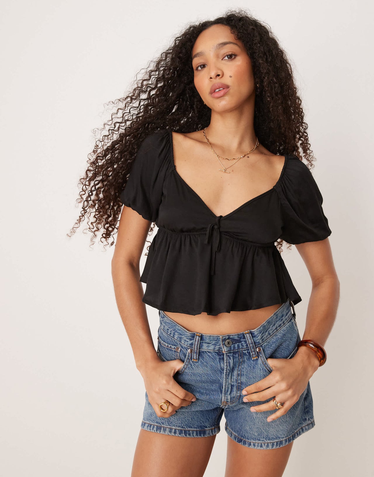 Pimkie tie front puff sleeve peplum blouse in black