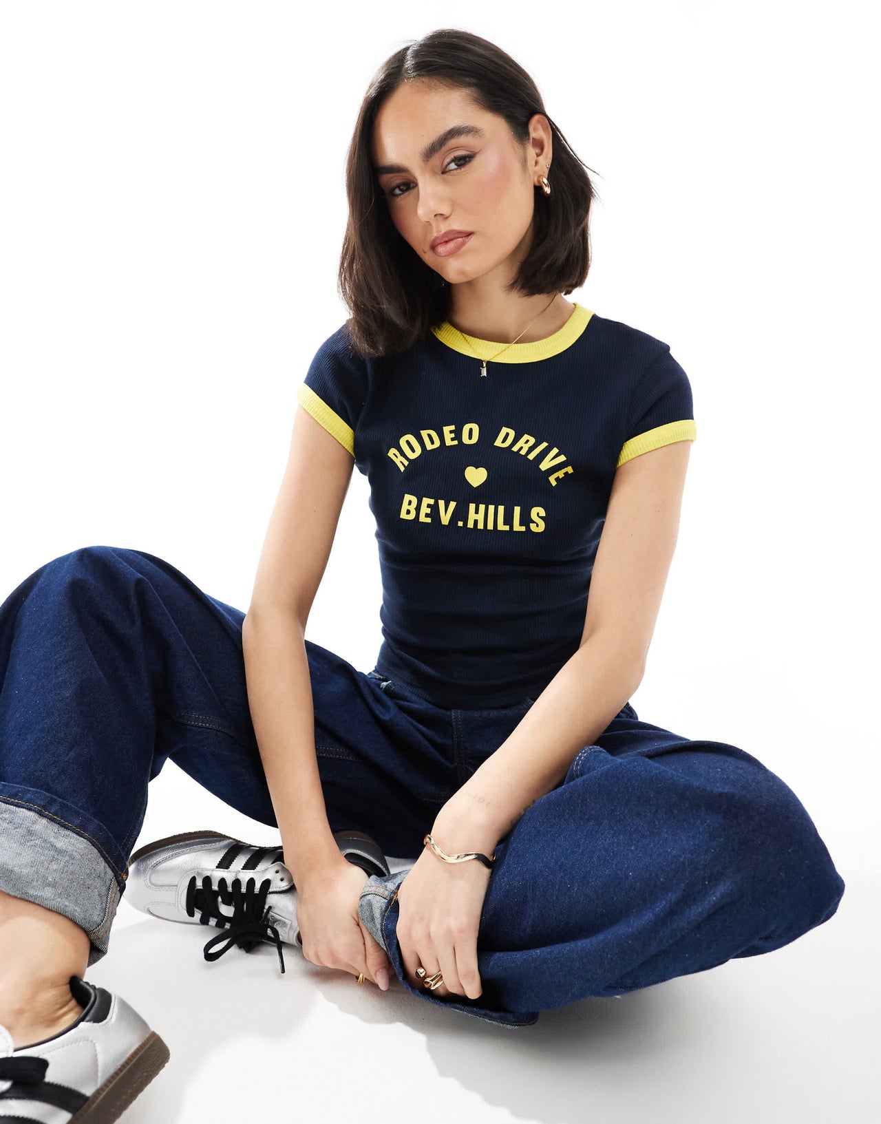 ASOS DESIGN baby tee in waffle with Beverly Hills graphic in navy
