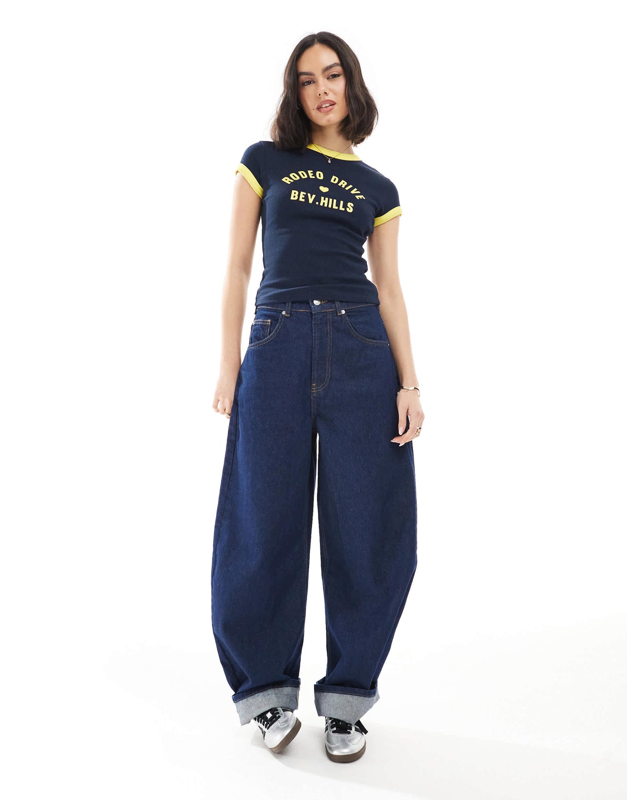 ASOS DESIGN baby tee in waffle with Beverly Hills graphic in navy