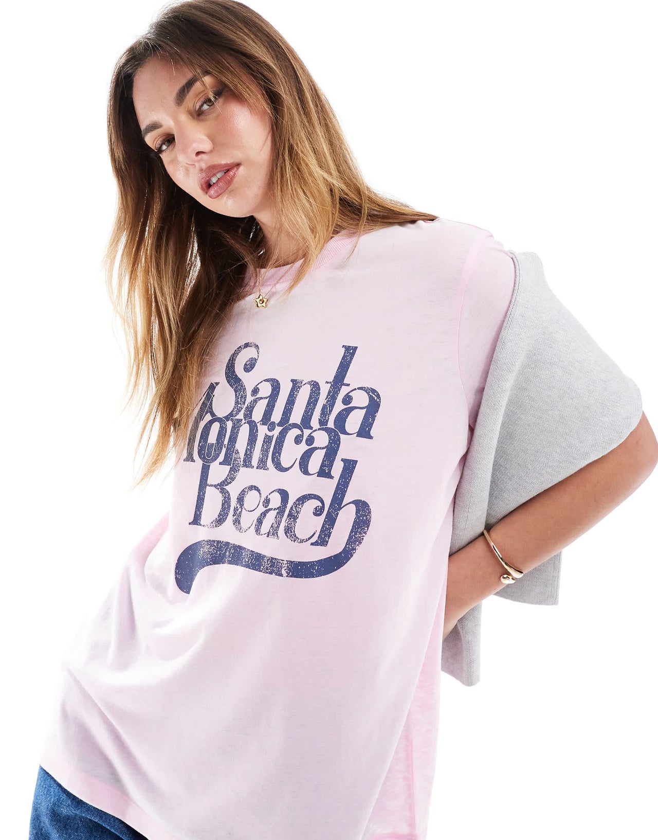 ASOS DESIGN regular fit t-shirt in burn out with Santa Monica beach graphic in pink