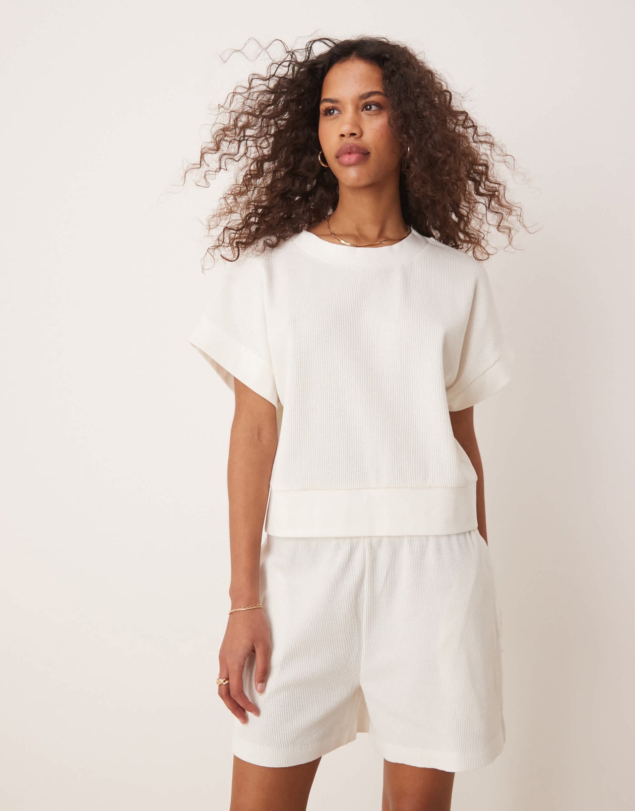 ASOS DESIGN chunky rib hem waffle t-shirt in cream