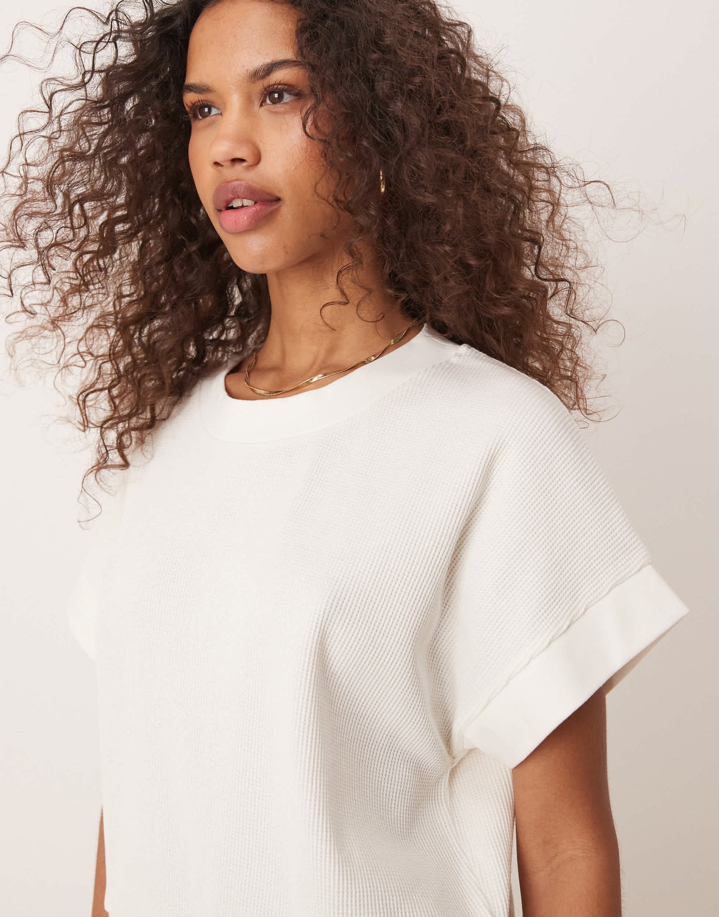 ASOS DESIGN chunky rib hem waffle t-shirt in cream