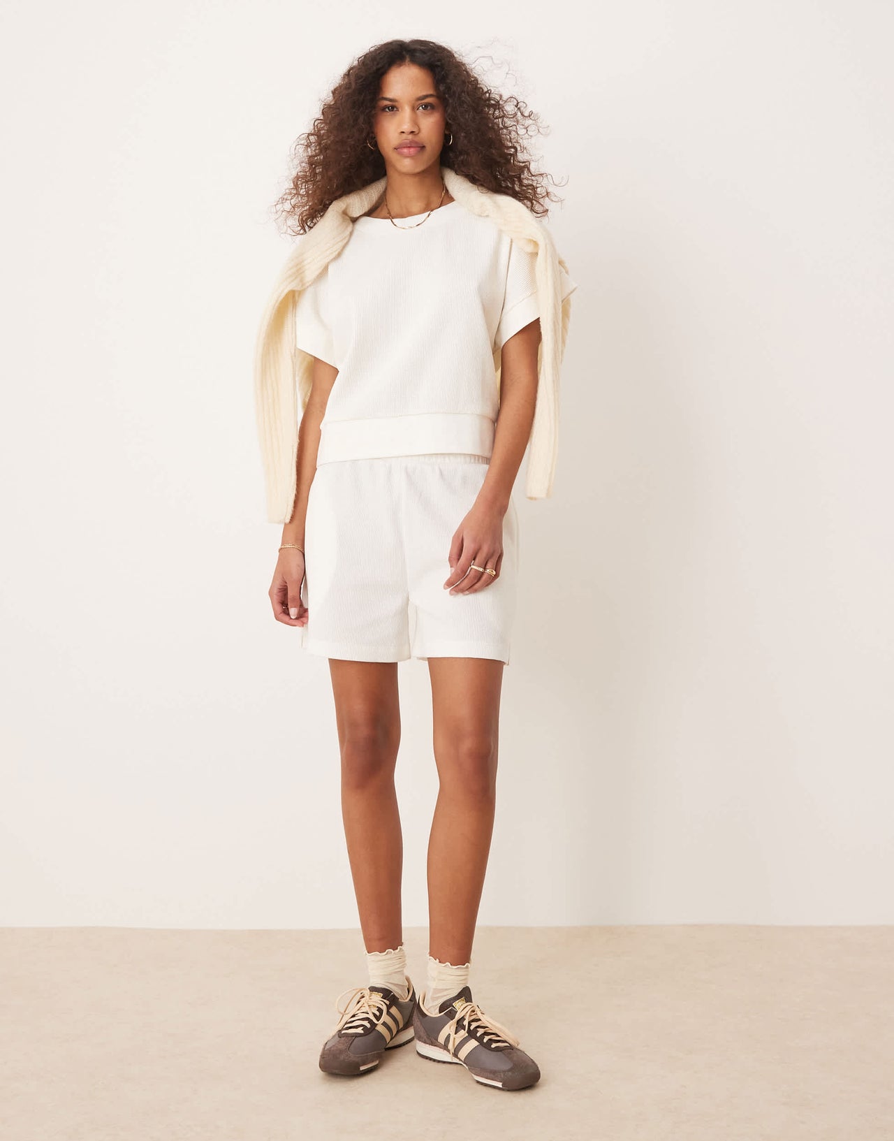 ASOS DESIGN chunky rib hem waffle t-shirt in cream