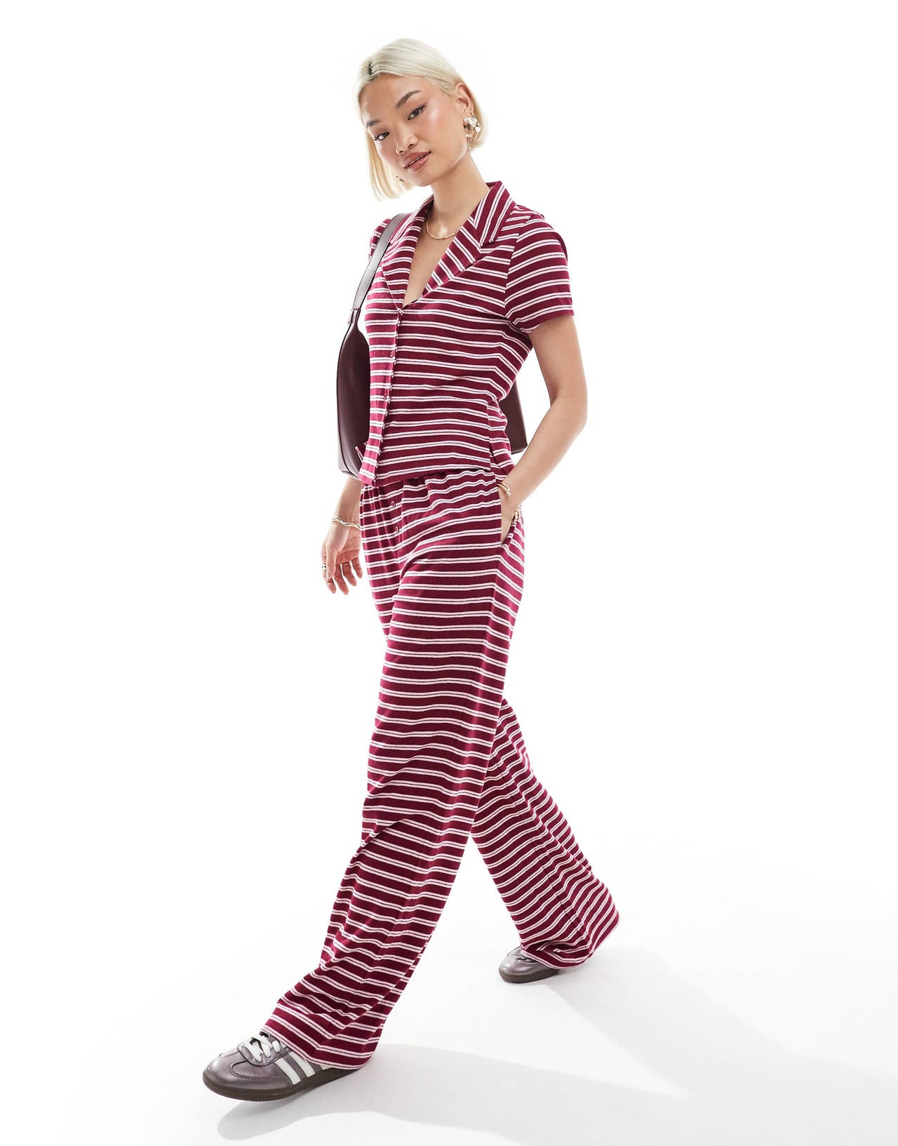 ASOS DESIGN wide leg trouser co-ord in burgundy stripe