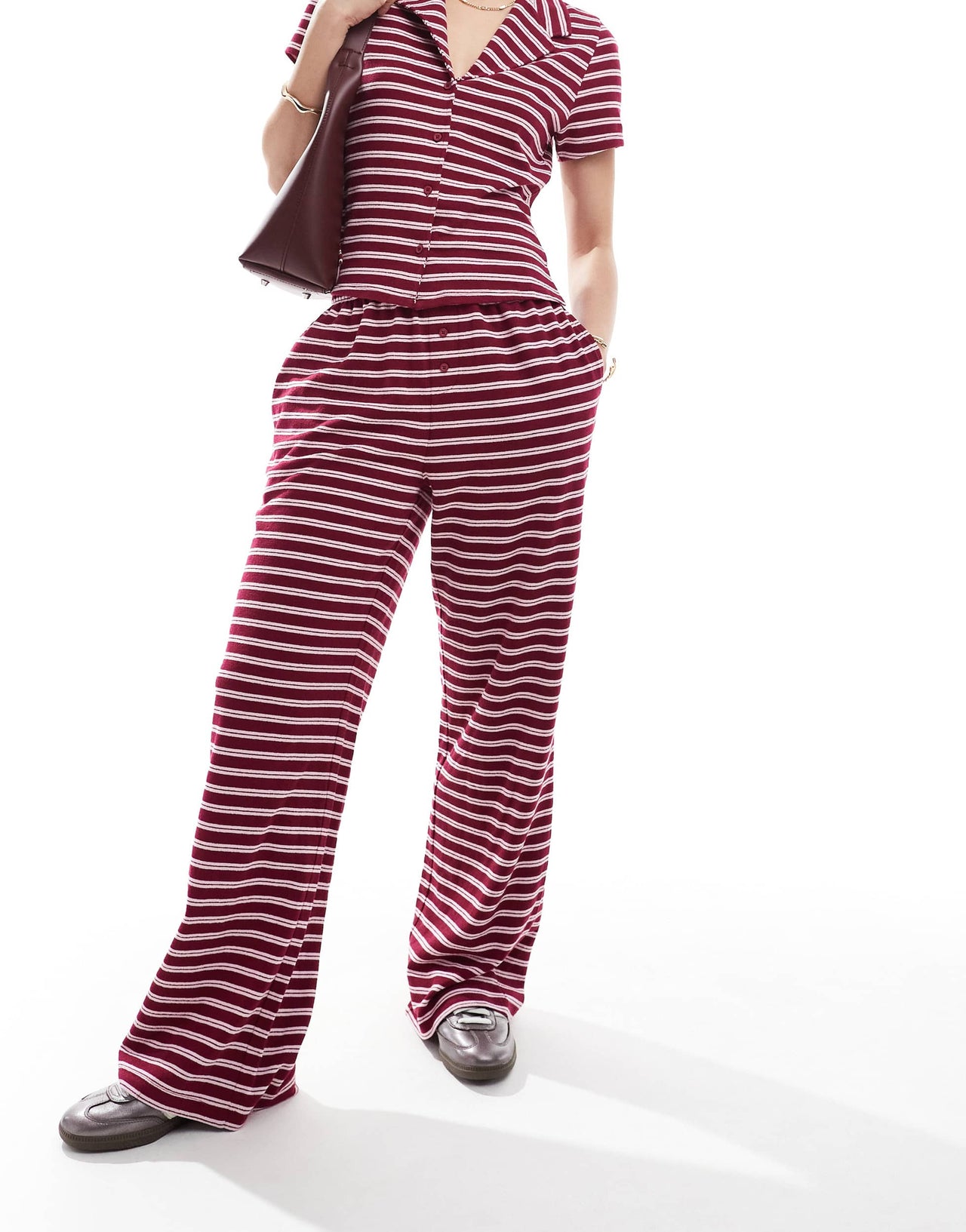 ASOS DESIGN wide leg trouser co-ord in burgundy stripe