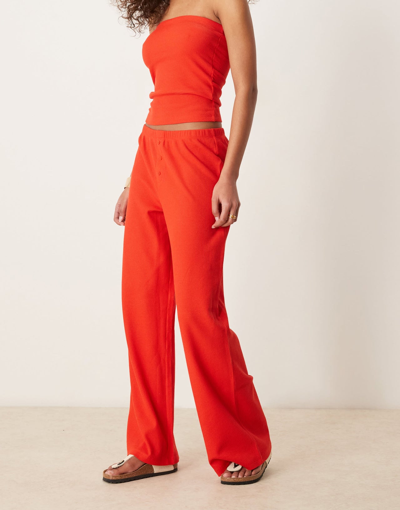 ASOS DESIGN wide leg waffle trouser in red