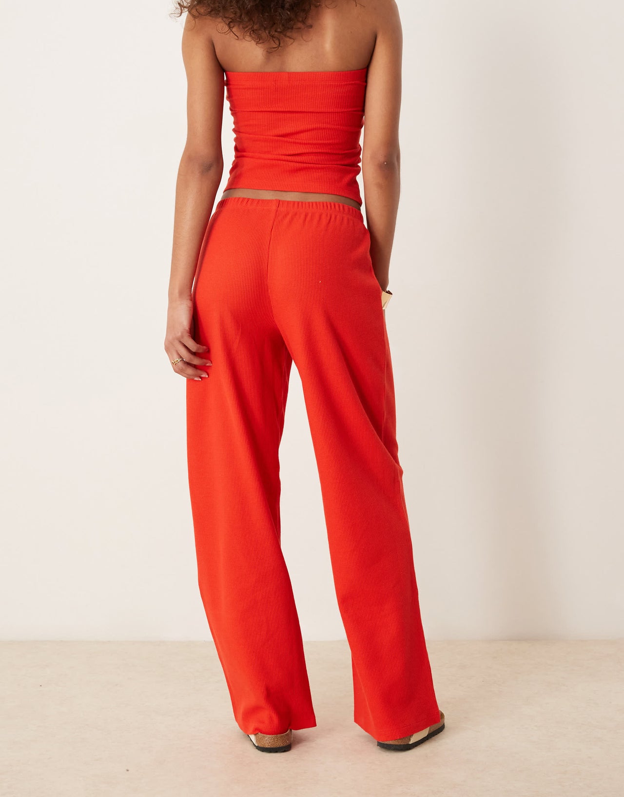 ASOS DESIGN wide leg waffle trouser in red