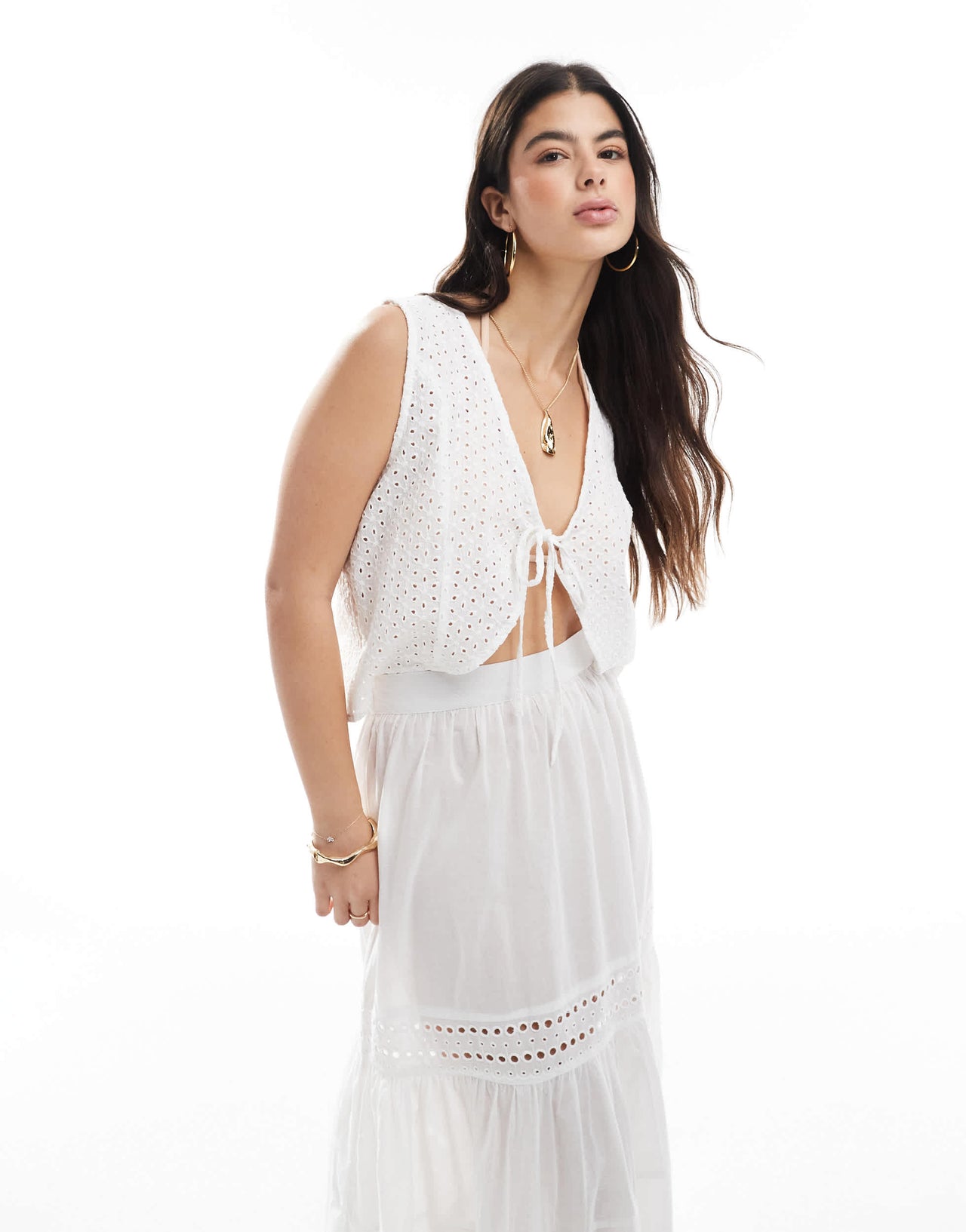 Esmee Exclusive tie front crop waistcoat co-ord in white