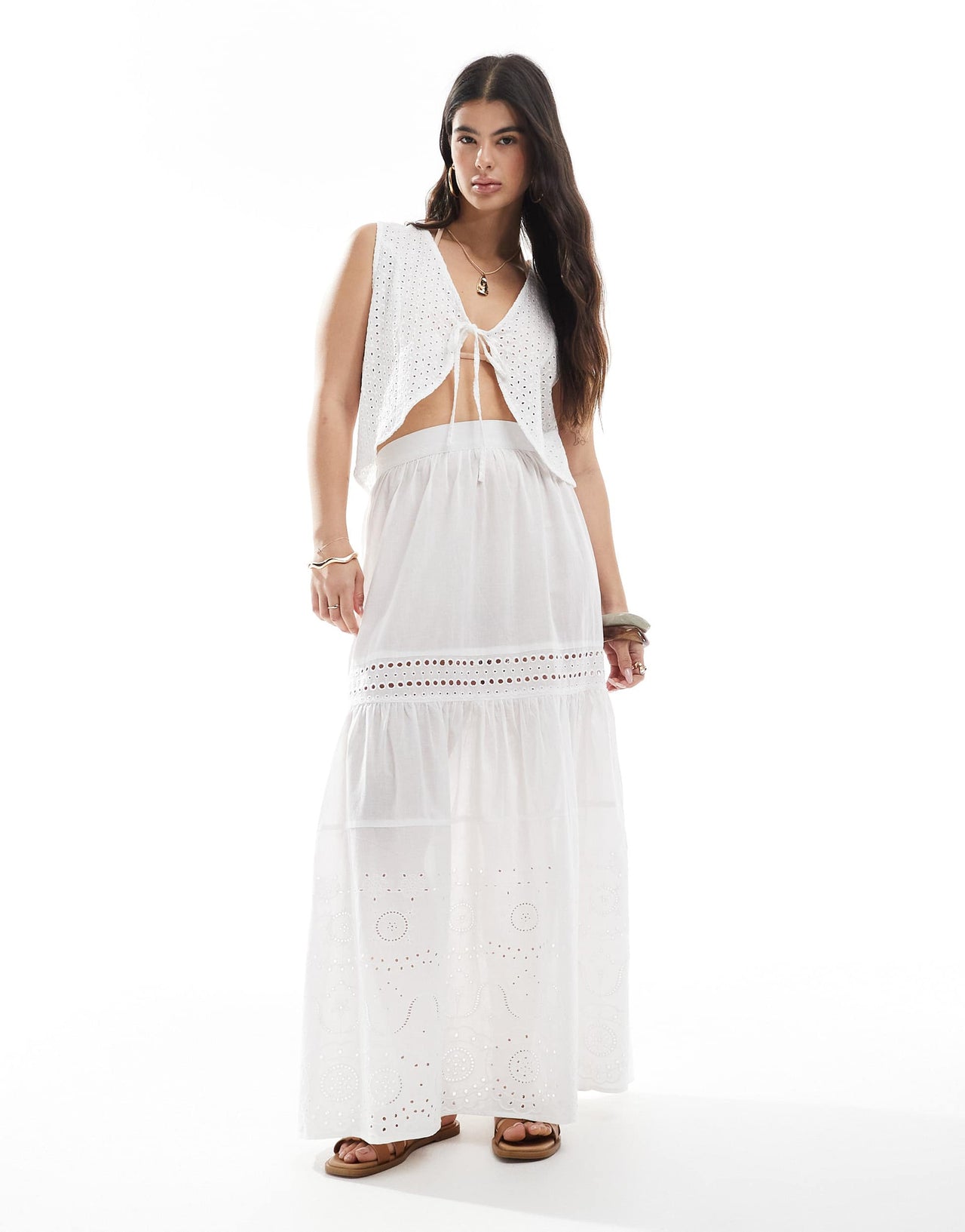 Esmee Exclusive tie front crop waistcoat co-ord in white