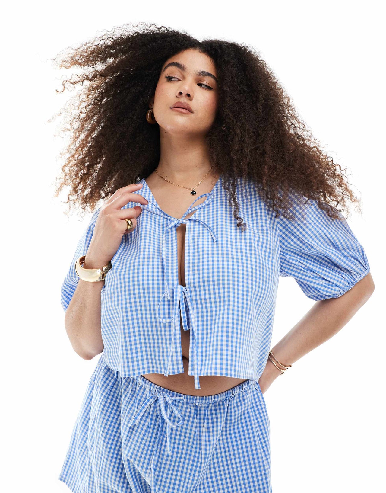 Esmee Curve Exclusive tie front puff sleeve beach top in blue and white gingham